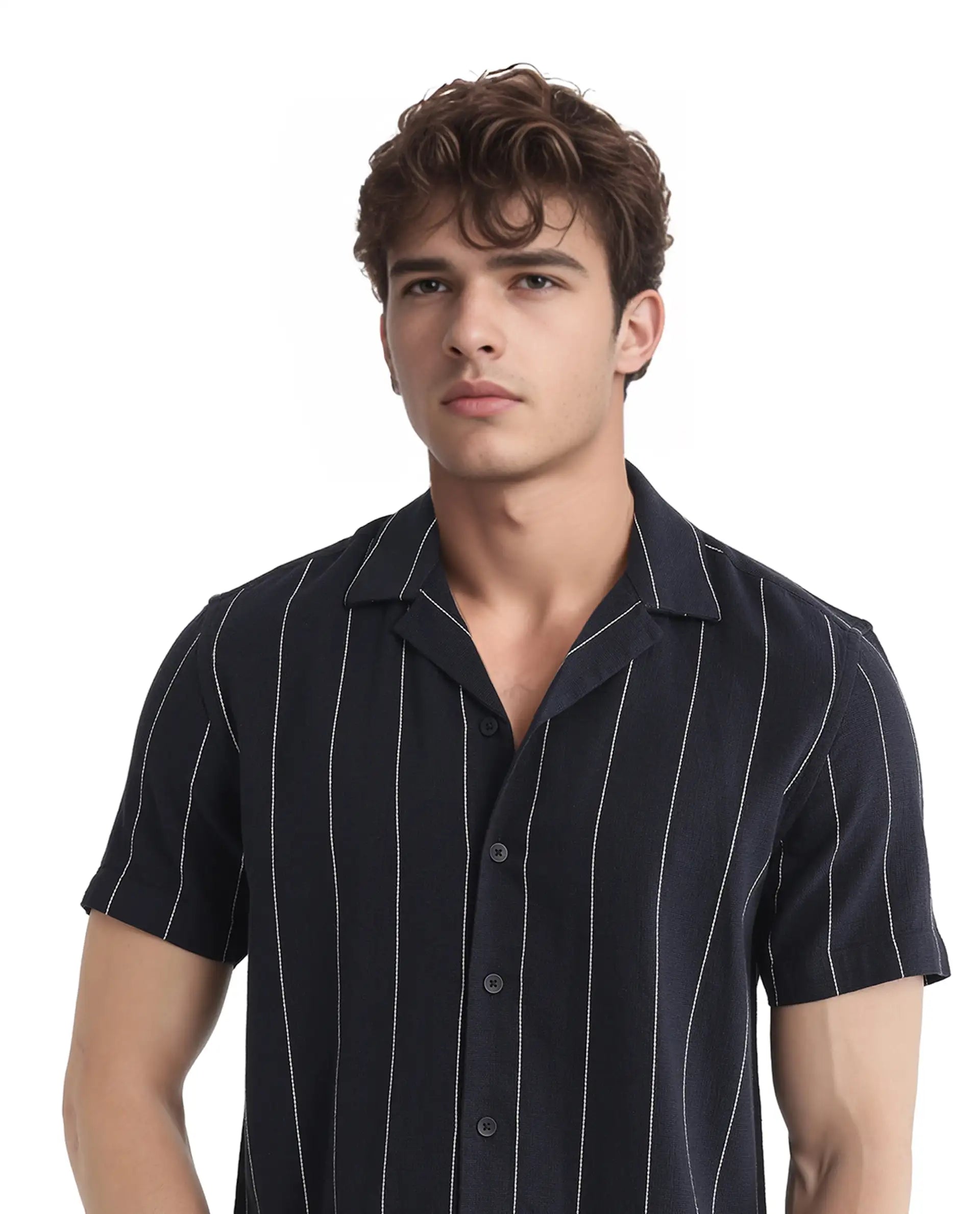 Rare Rabbit Men Ste Navy Cotton Viscose Fabric Half Sleeve Cuban Collar Button Closure Relaxed Fit Striped Shirt