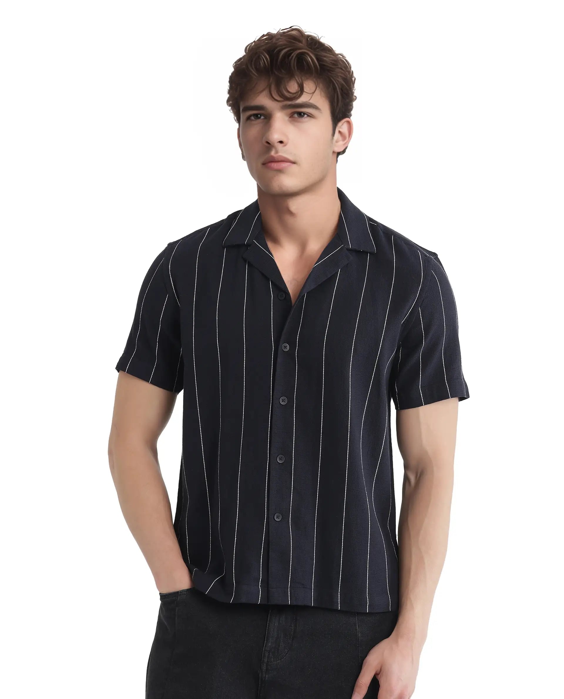 Rare Rabbit Men Ste Navy Cotton Viscose Fabric Half Sleeve Cuban Collar Button Closure Relaxed Fit Striped Shirt