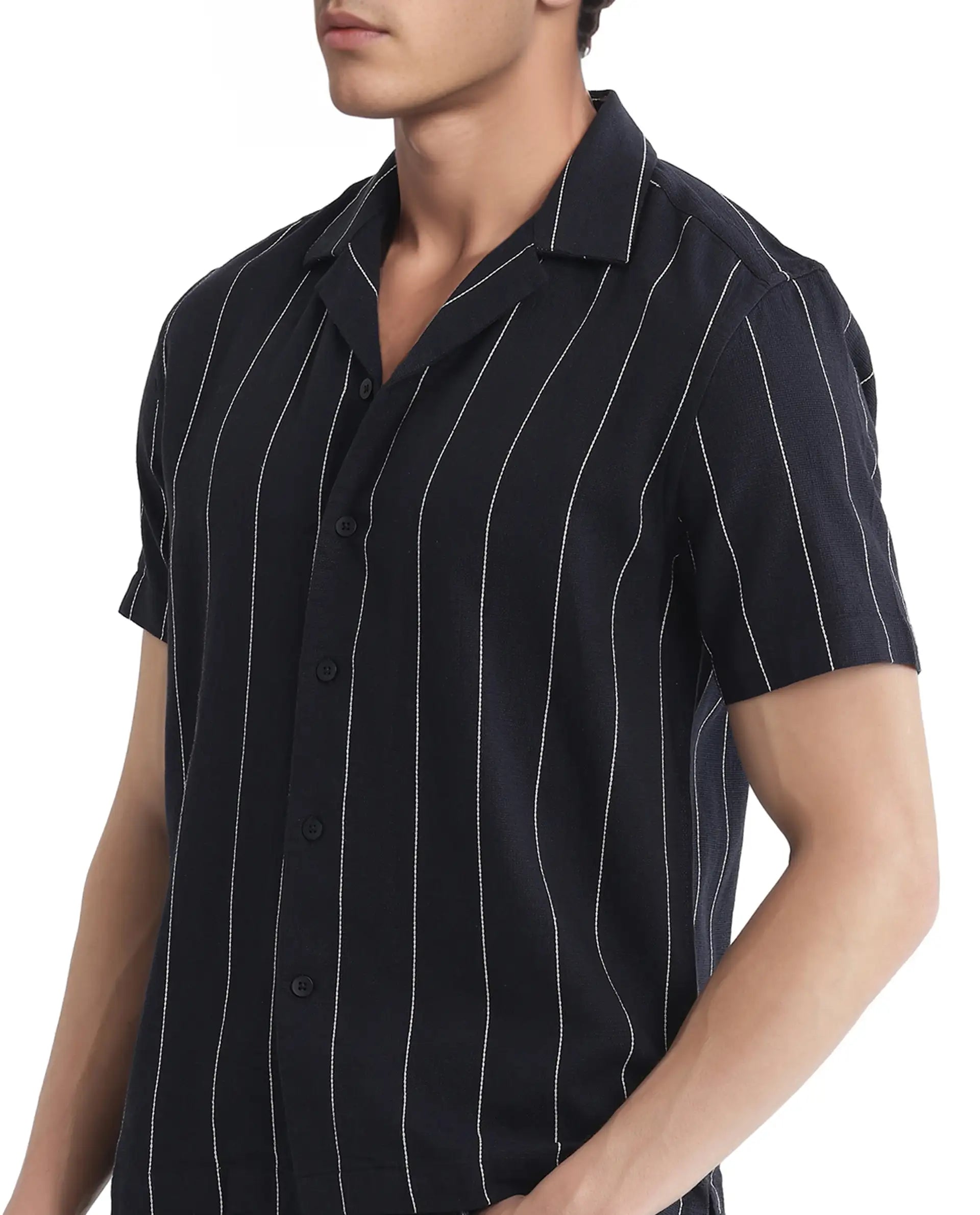 Rare Rabbit Men Ste Navy Cotton Viscose Fabric Half Sleeve Cuban Collar Button Closure Relaxed Fit Striped Shirt