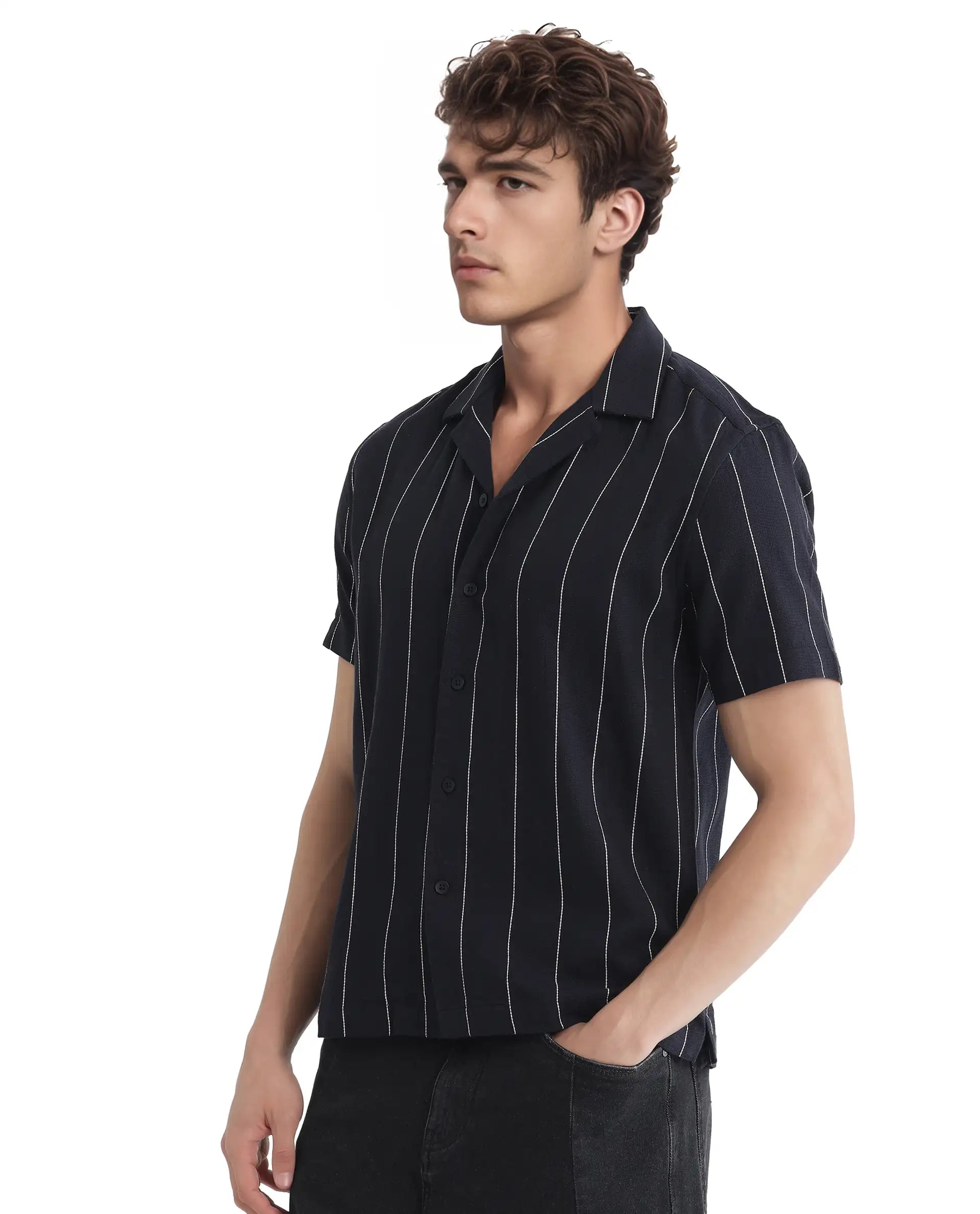 Rare Rabbit Men Ste Navy Cotton Viscose Fabric Half Sleeve Cuban Collar Button Closure Relaxed Fit Striped Shirt