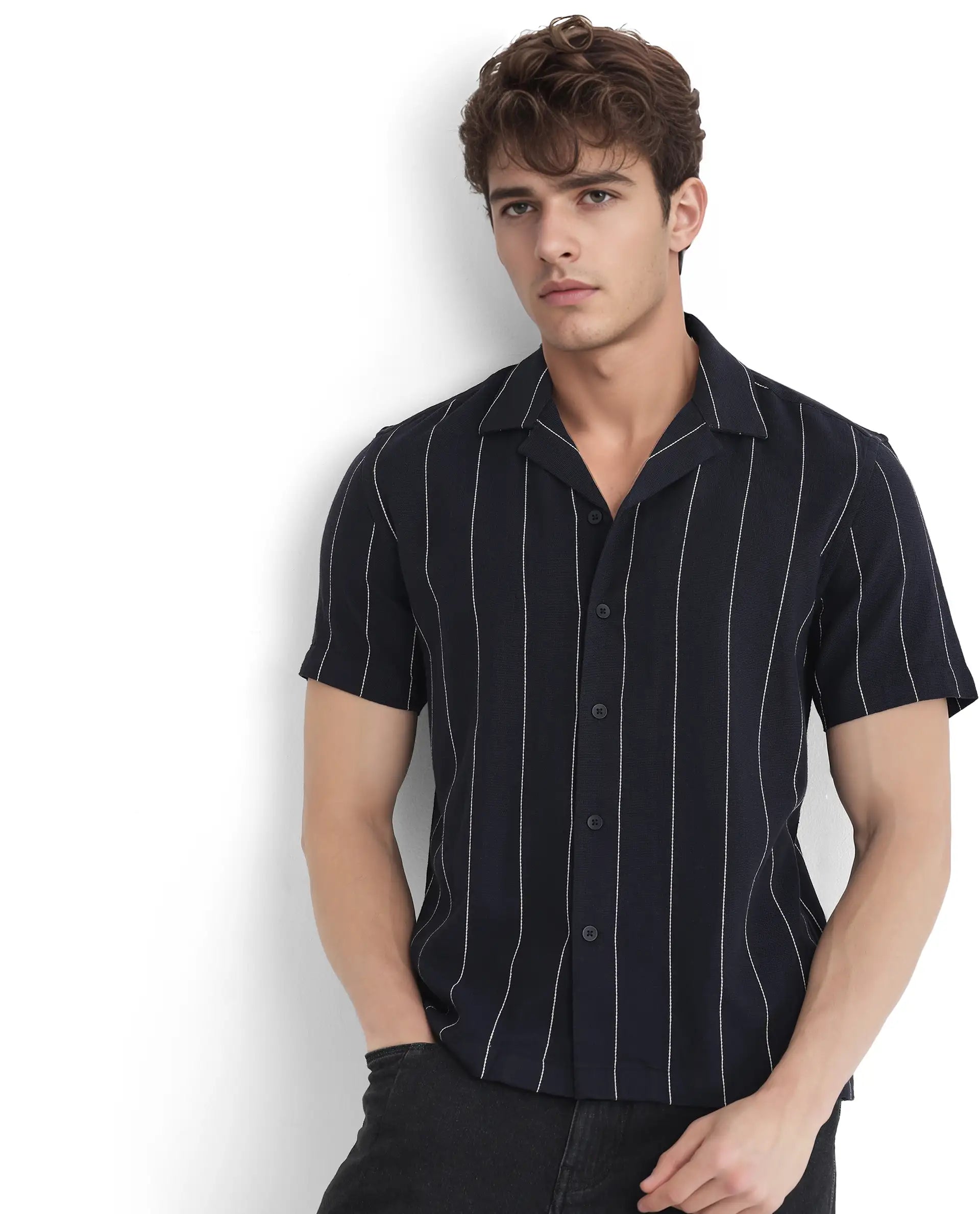 Rare Rabbit Men Ste Navy Cotton Viscose Fabric Half Sleeve Cuban Collar Button Closure Relaxed Fit Striped Shirt