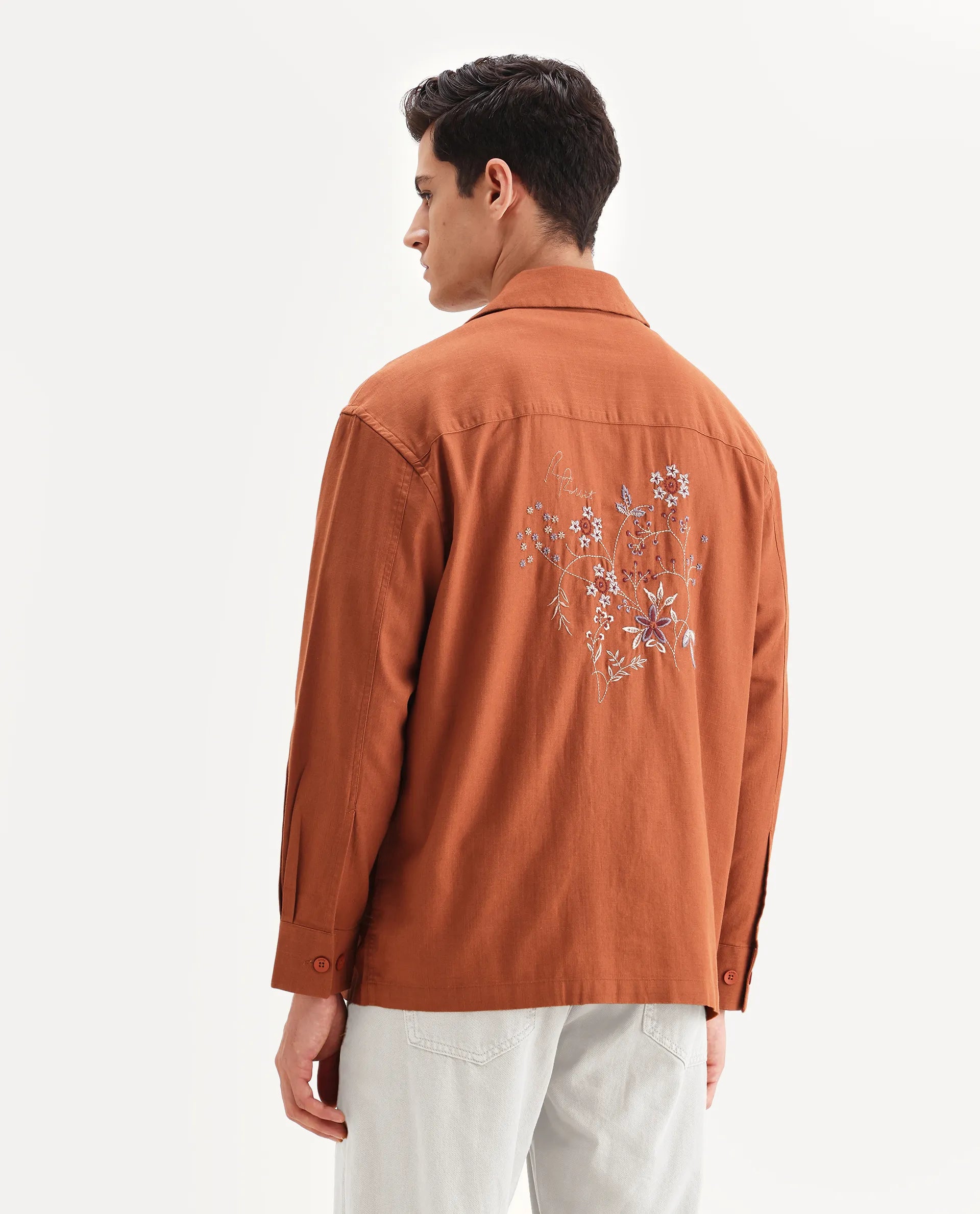 Rare Rabbit Men's Stenay Rust Cotton Blend Embroidered Regular Fit Full Sleeve Cuban Collar Shirt