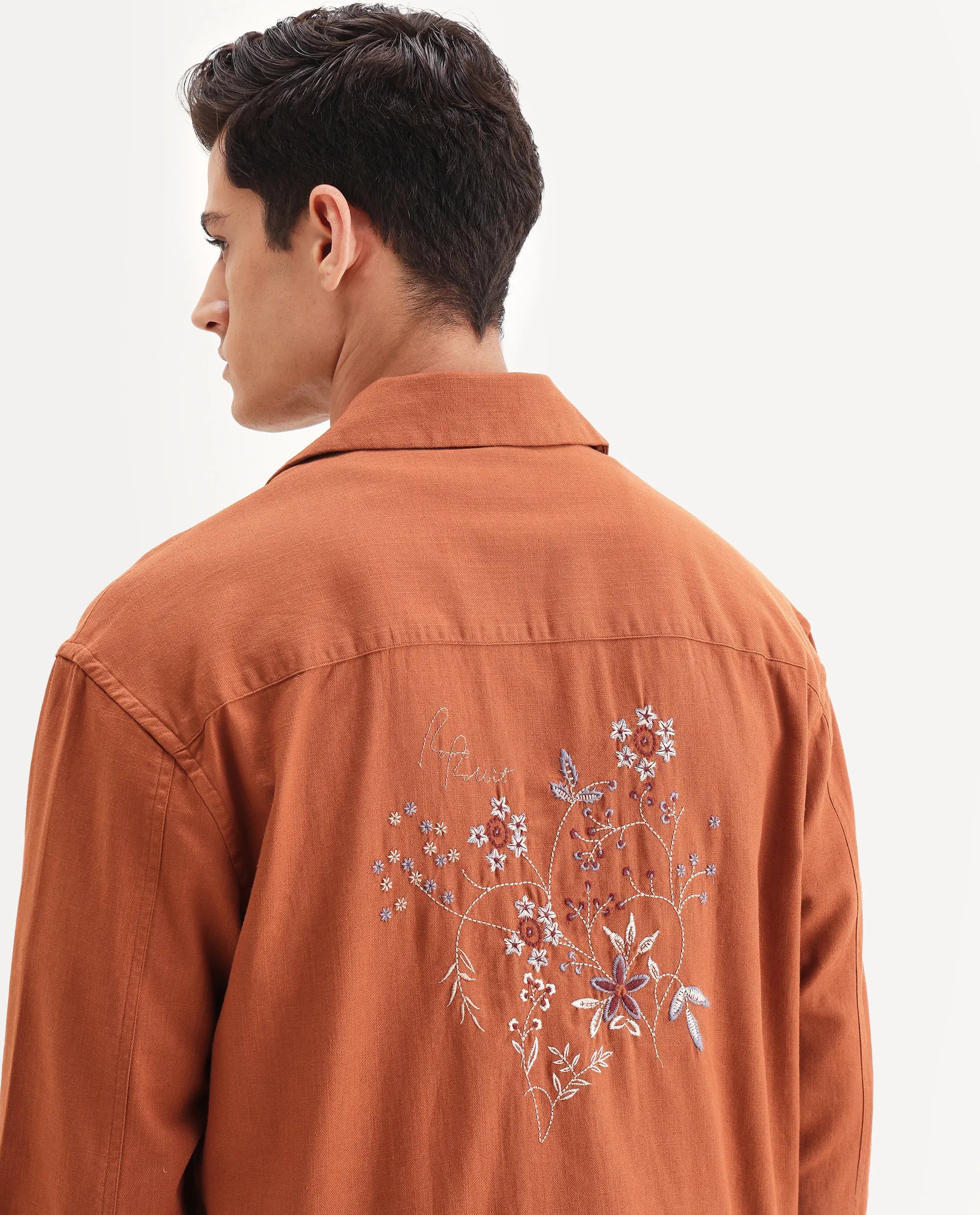 Rare Rabbit Men's Stenay Rust Cotton Blend Embroidered Regular Fit Full Sleeve Cuban Collar Shirt