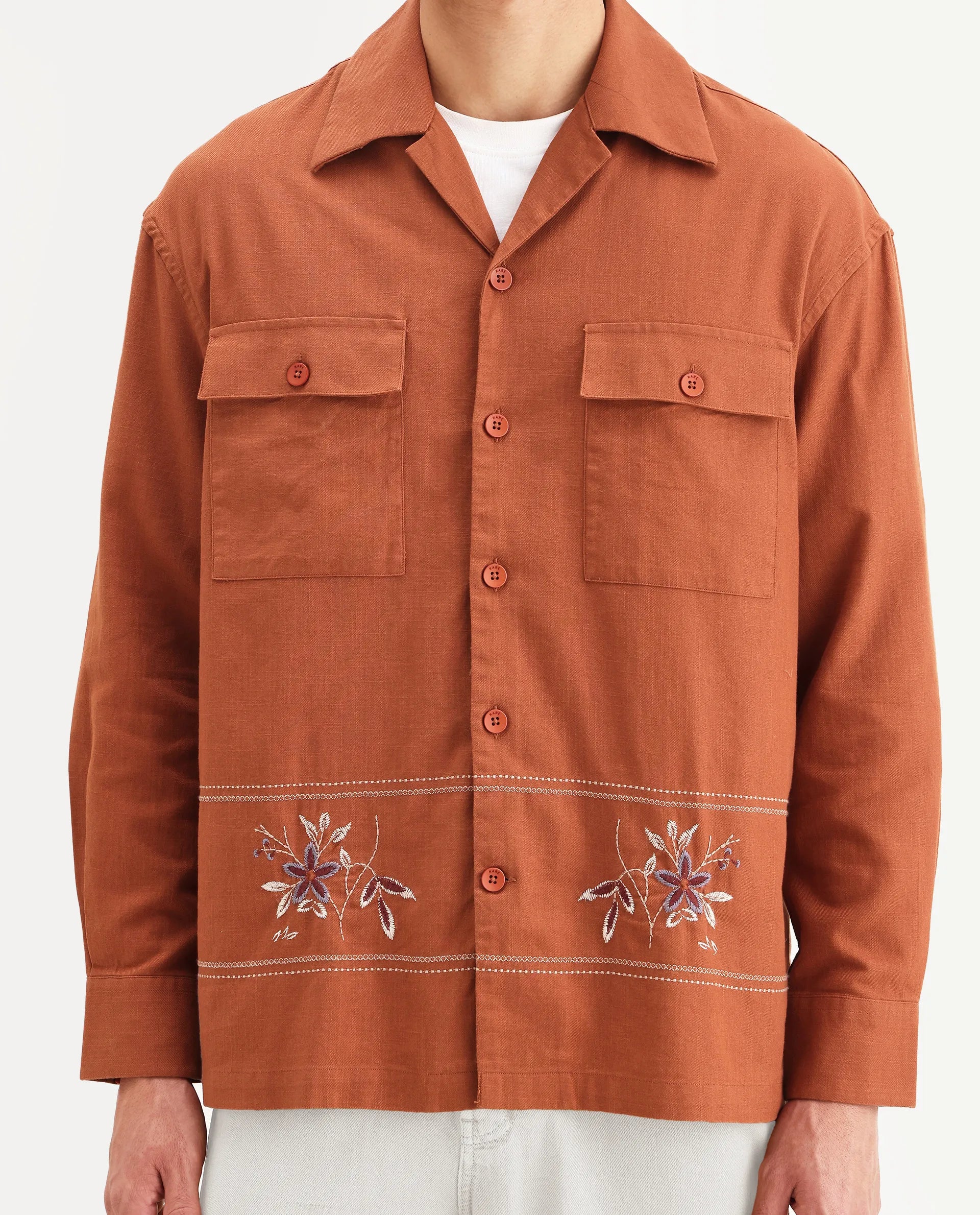 Rare Rabbit Men's Stenay Rust Cotton Blend Embroidered Regular Fit Full Sleeve Cuban Collar Shirt