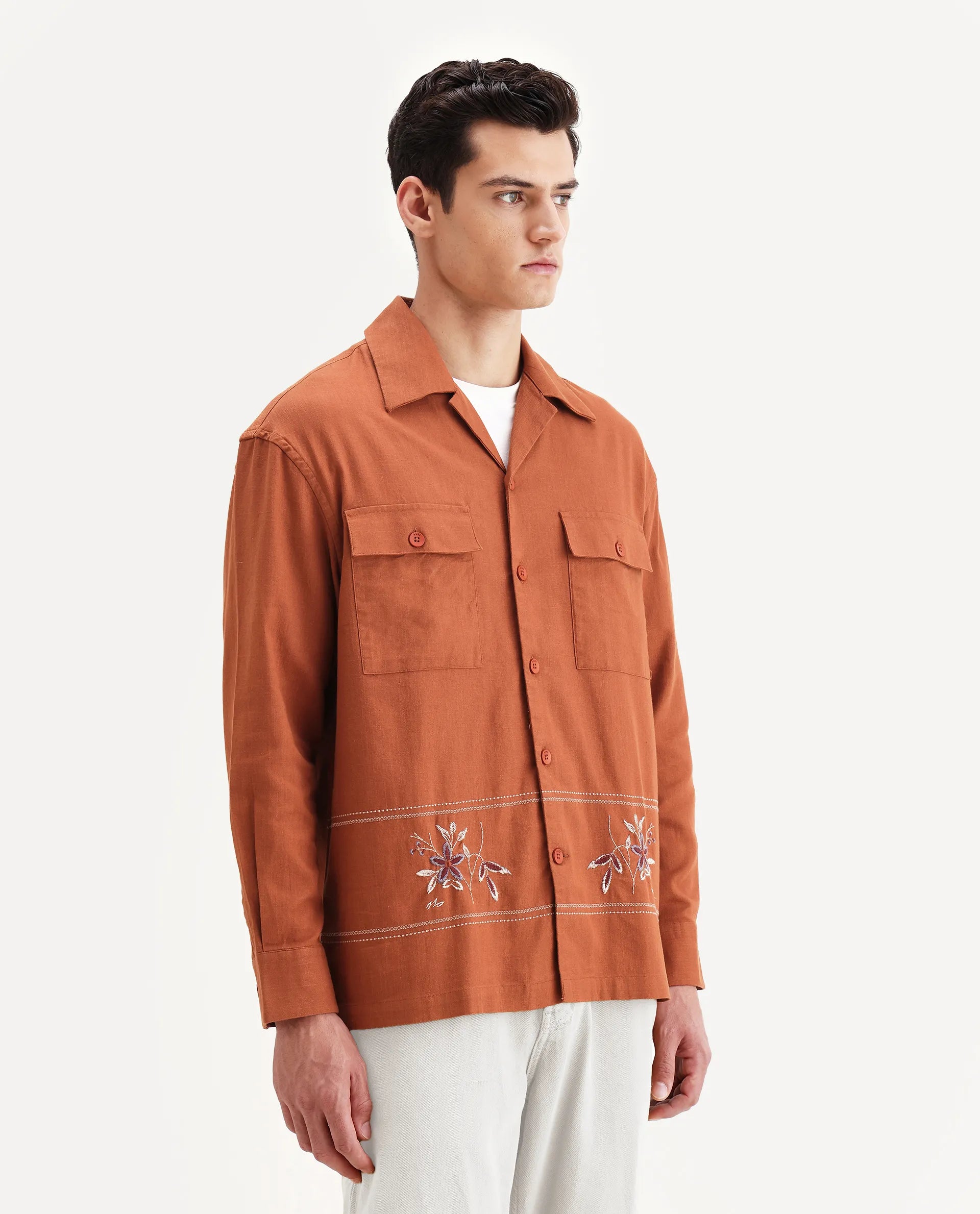 Rare Rabbit Men's Stenay Rust Cotton Blend Embroidered Regular Fit Full Sleeve Cuban Collar Shirt