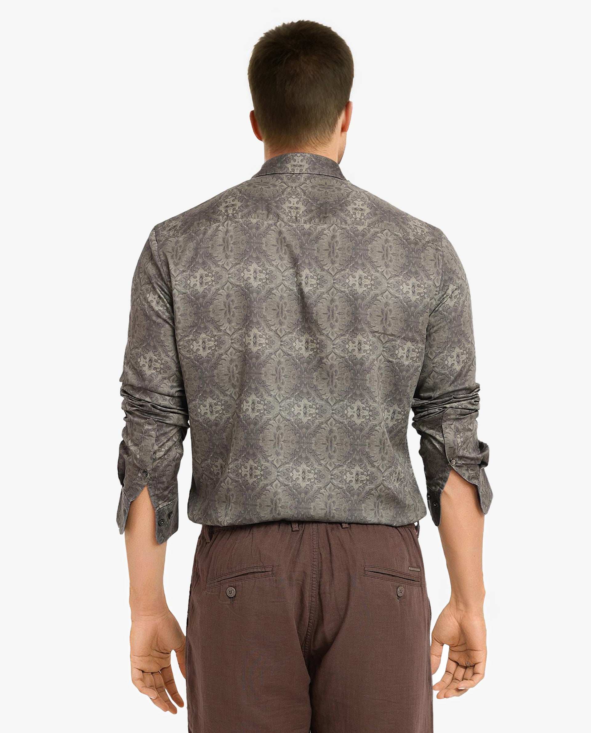 Rare Rabbit Men Steno Dark Olive Full Sleeve Regular Fit Decorative Print Shirt