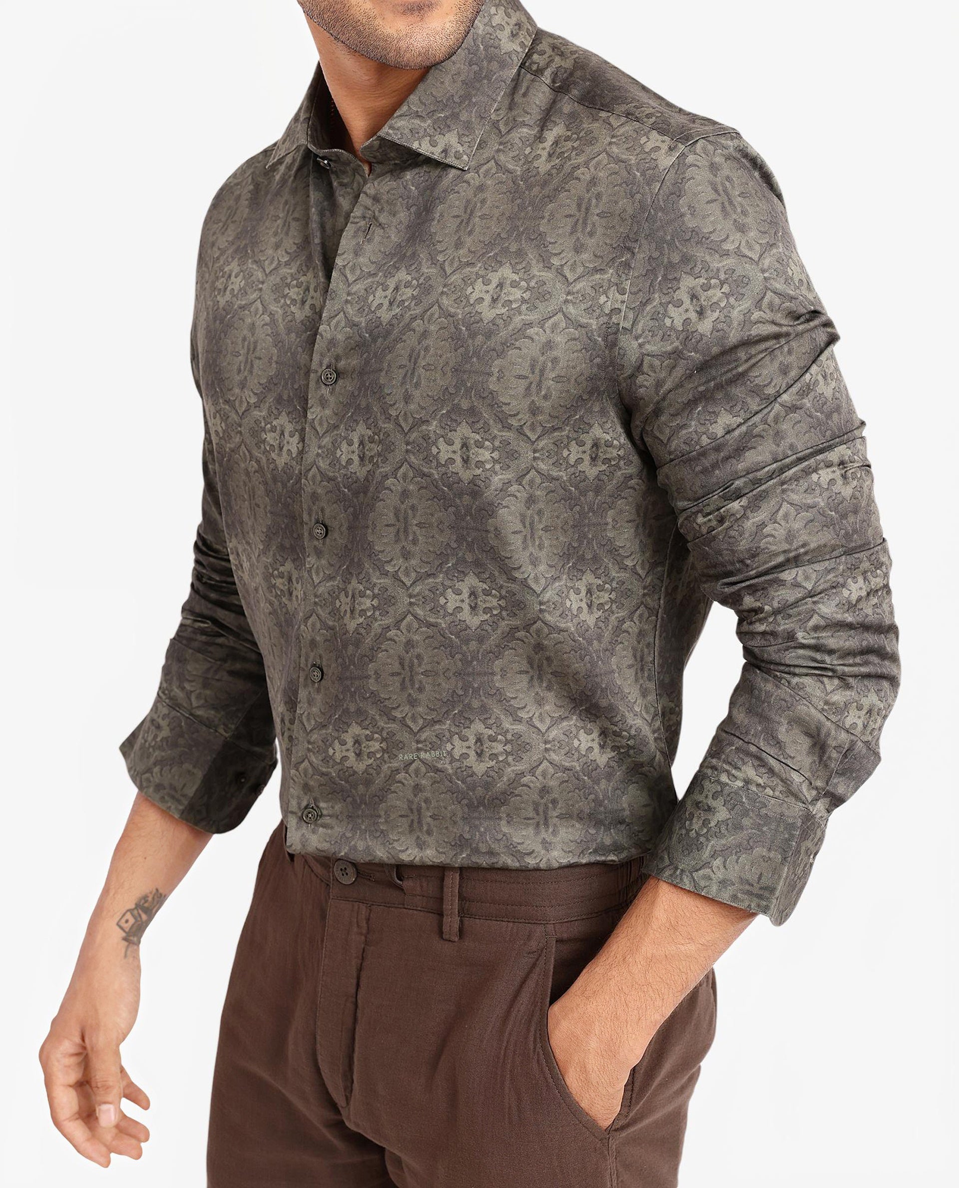 Rare Rabbit Men Steno Dark Olive Full Sleeve Regular Fit Decorative Print Shirt