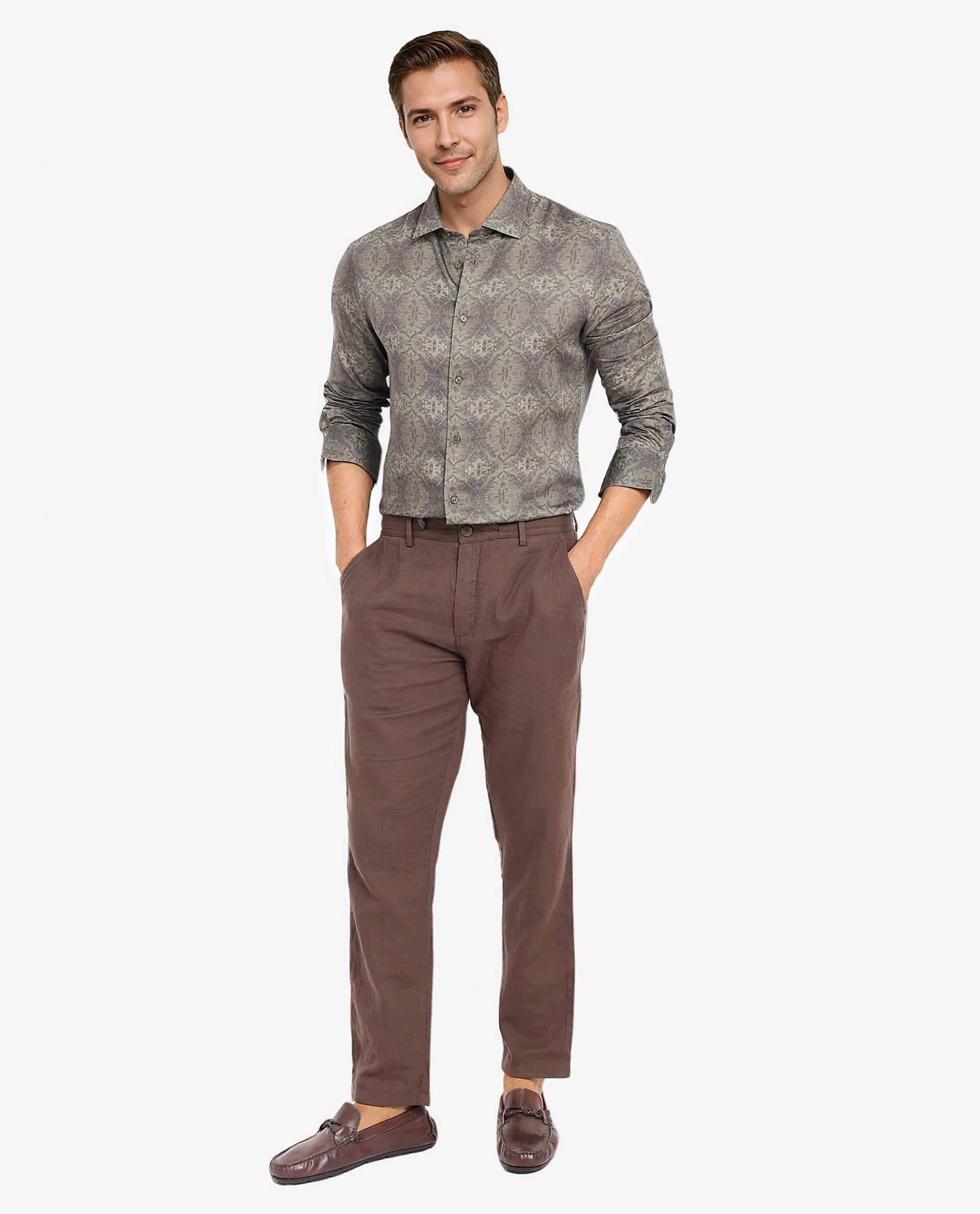 Rare Rabbit Men Steno Dark Olive Full Sleeve Regular Fit Decorative Print Shirt