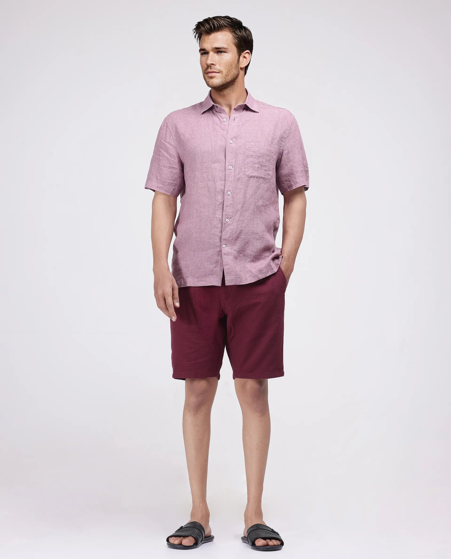 Rare Rabbit Men's Steo Maroon Cotton Blend Fabric Relaxed Fit Plain Shorts