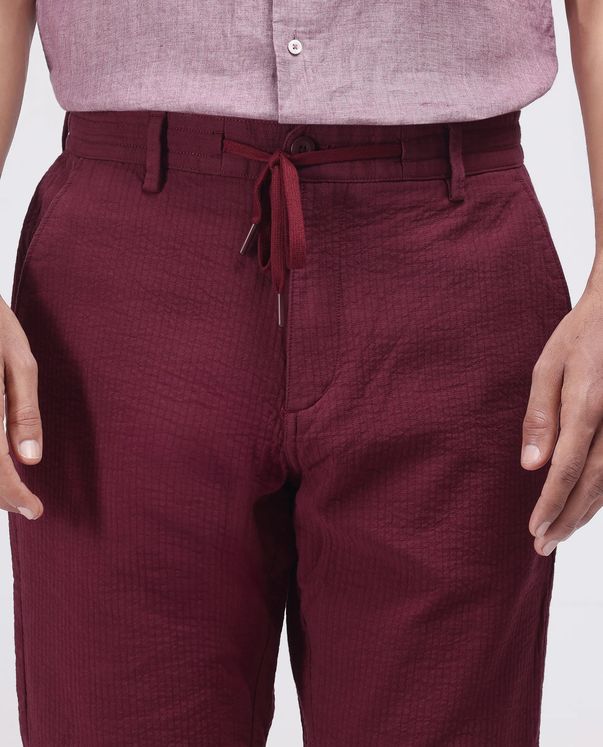 Rare Rabbit Men's Steo Maroon Cotton Blend Fabric Relaxed Fit Plain Shorts