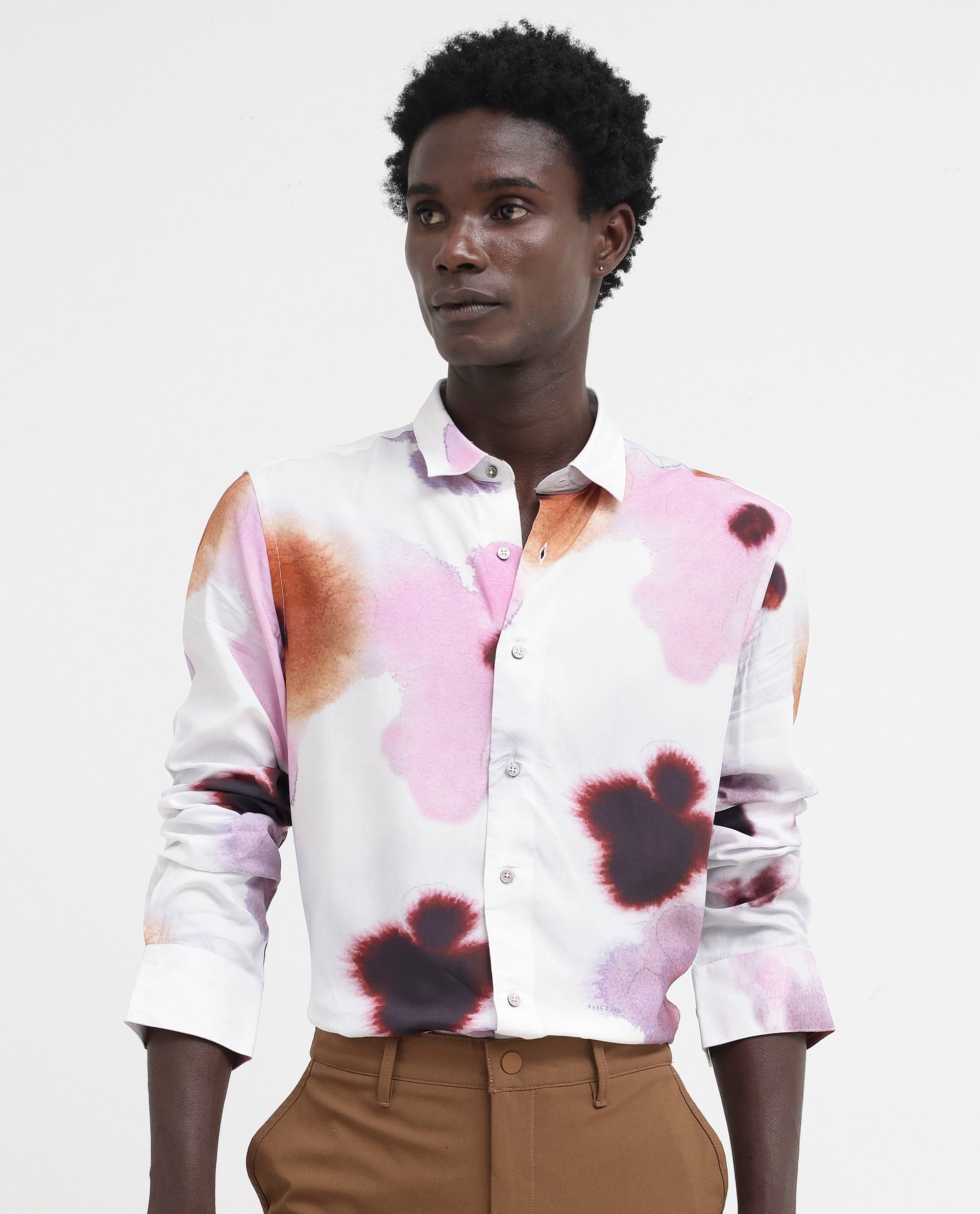 Rare Rabbit Men's Stereo Pink Viscose Fabric Full Sleeves Abstract Floral Print Shirt