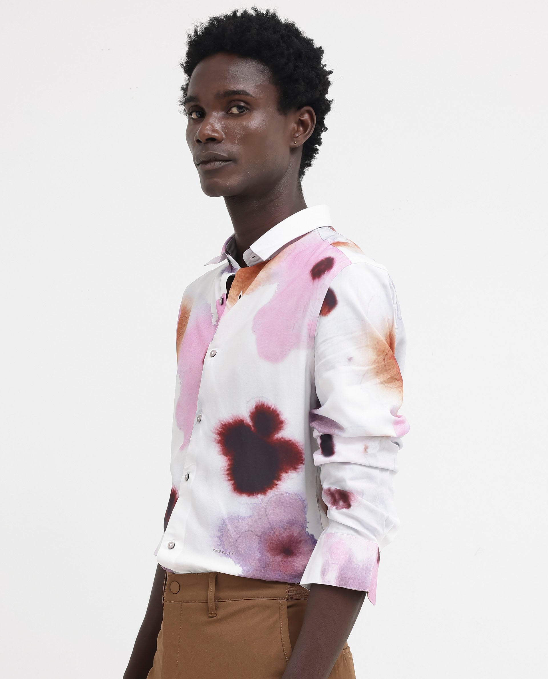 Rare Rabbit Men's Stereo Pink Viscose Fabric Full Sleeves Abstract Floral Print Shirt