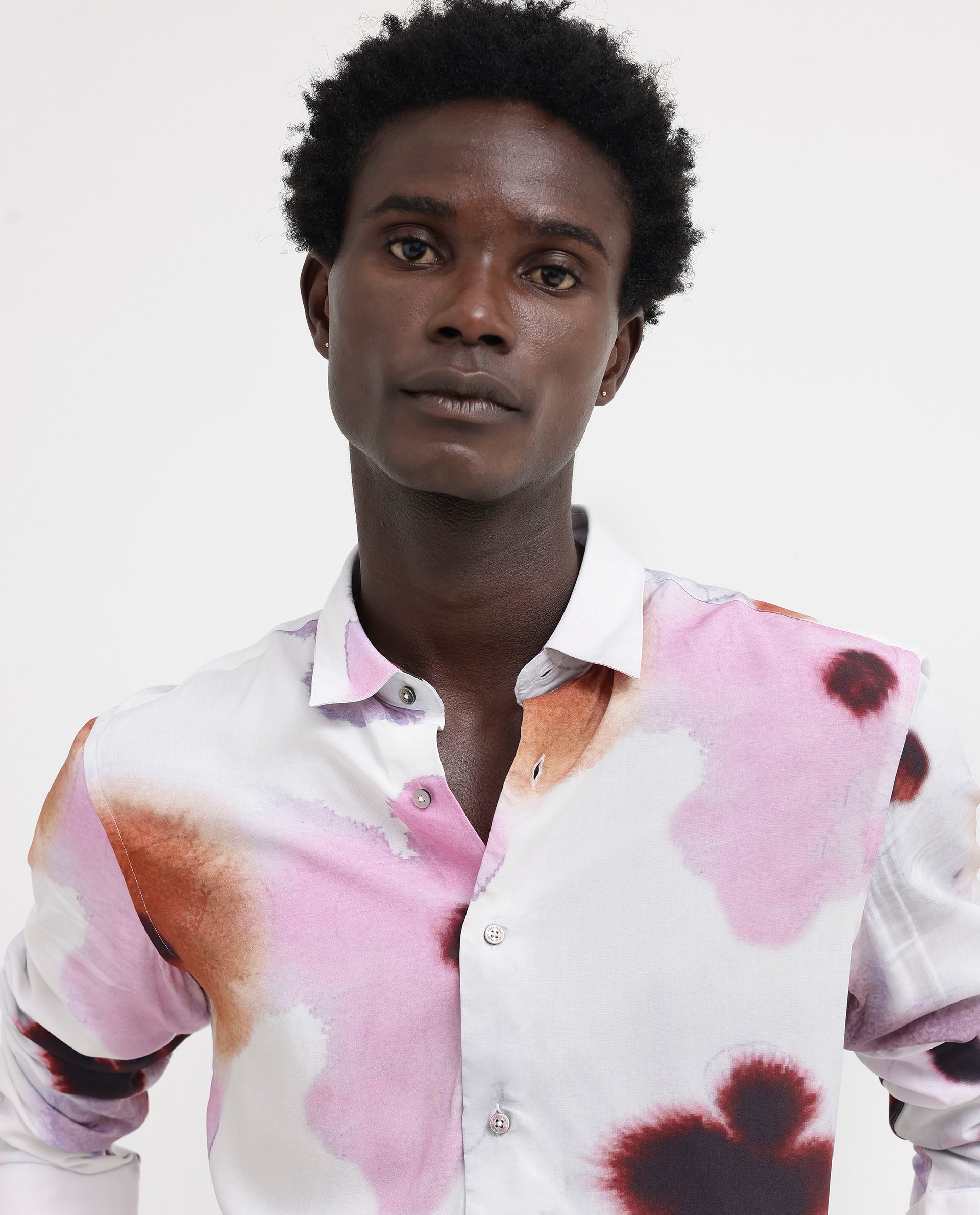 Rare Rabbit Men's Stereo Pink Viscose Fabric Full Sleeves Abstract Floral Print Shirt