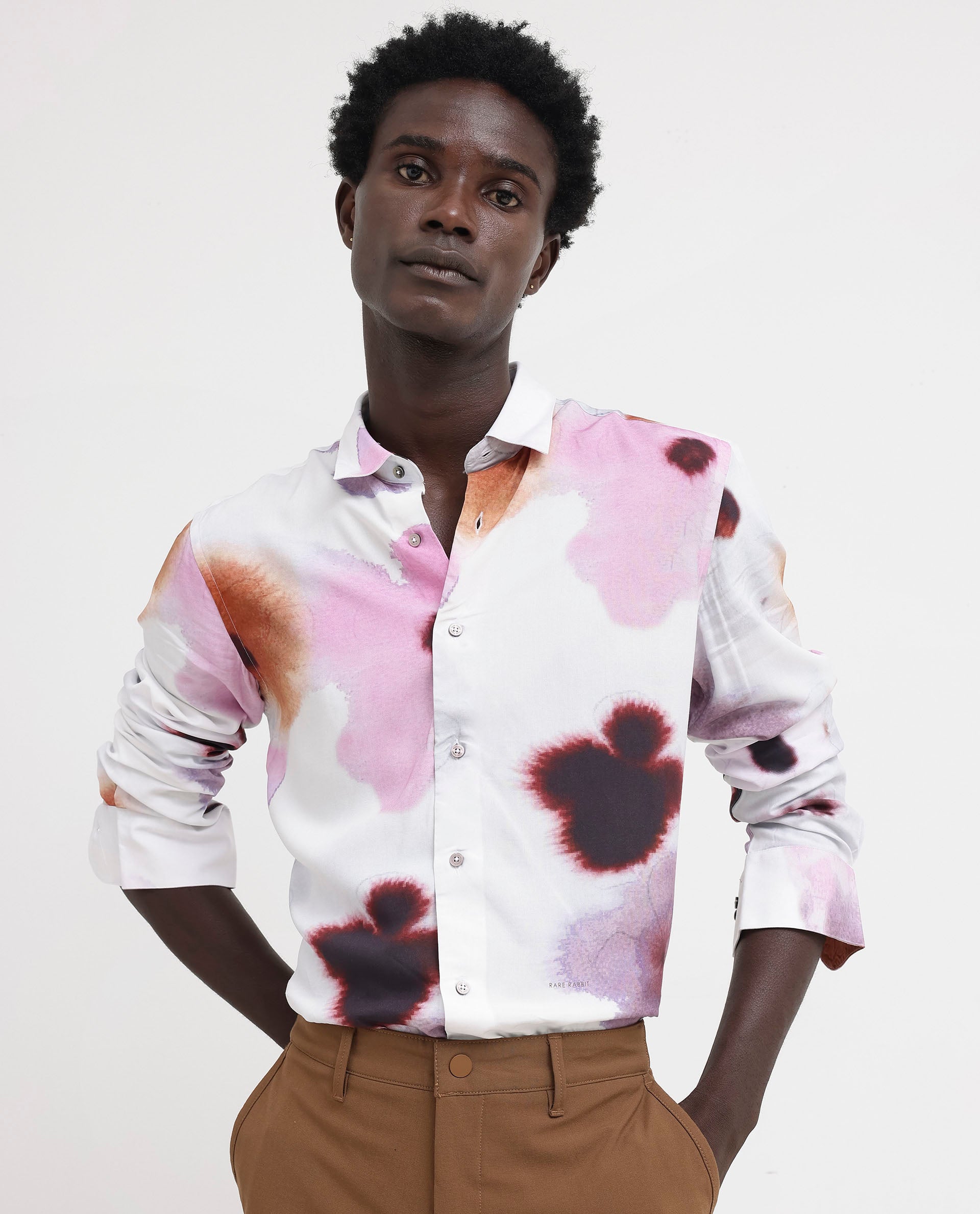 Rare Rabbit Men's Stereo Pink Viscose Fabric Full Sleeves Abstract Floral Print Shirt