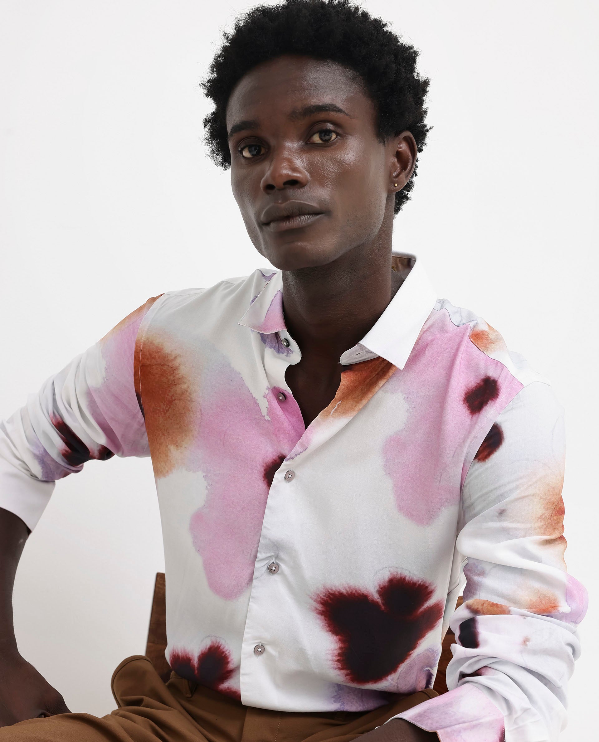 Rare Rabbit Men's Stereo Pink Viscose Fabric Full Sleeves Abstract Floral Print Shirt