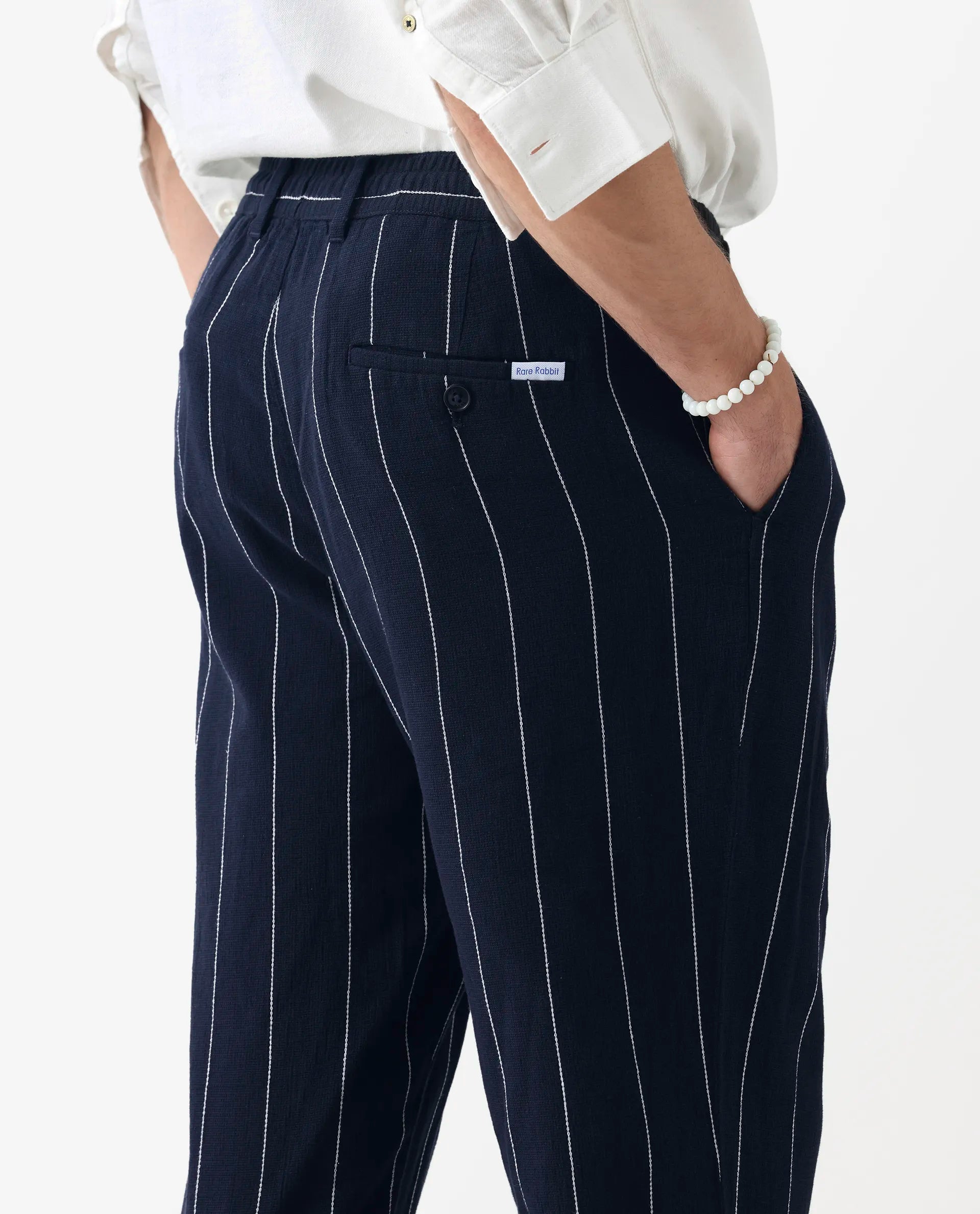 Rare Rabbit Men's Stet Navy Linen Blend Striped Print Relaxed Fit Trouser