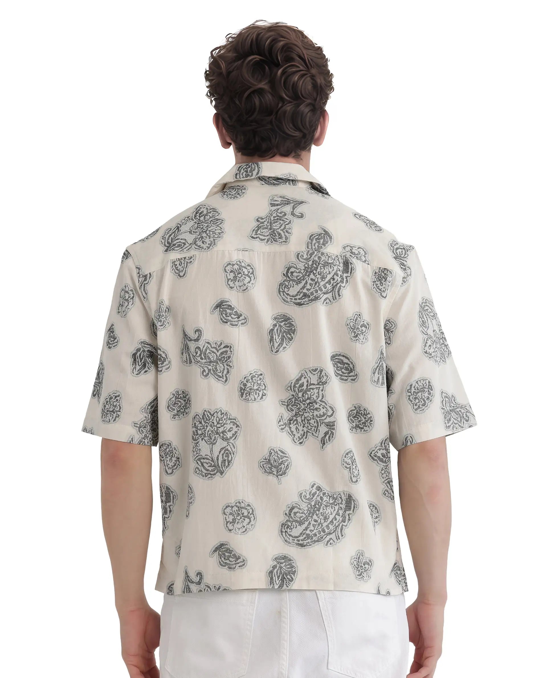 Rare Rabbit Men's Steve Black Cotton Blend Jacquard Boxy Fit Half Sleeve Cuban Collar Shirt