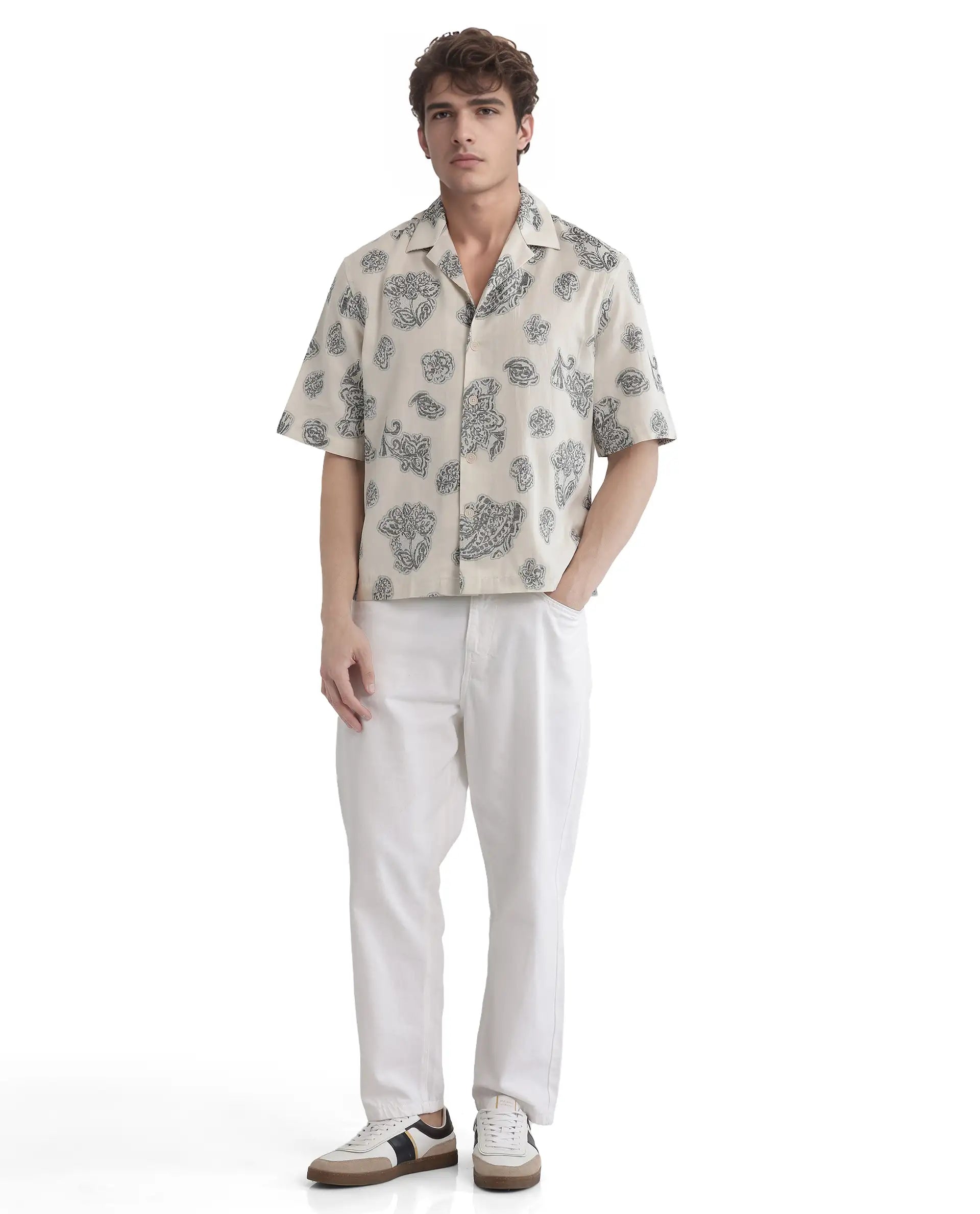 Rare Rabbit Men's Steve Black Cotton Blend Jacquard Boxy Fit Half Sleeve Cuban Collar Shirt