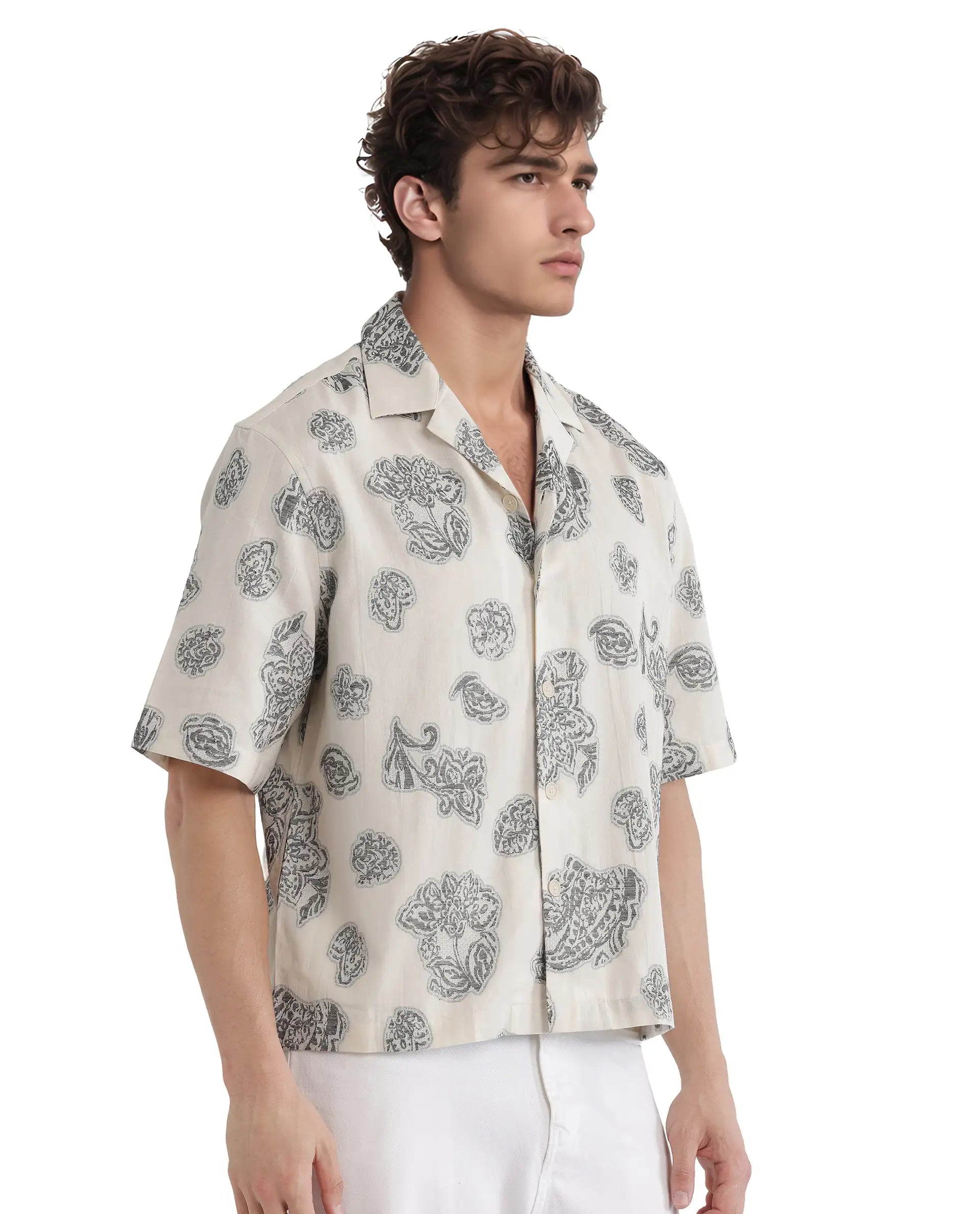 Rare Rabbit Men's Steve Black Cotton Blend Jacquard Boxy Fit Half Sleeve Cuban Collar Shirt