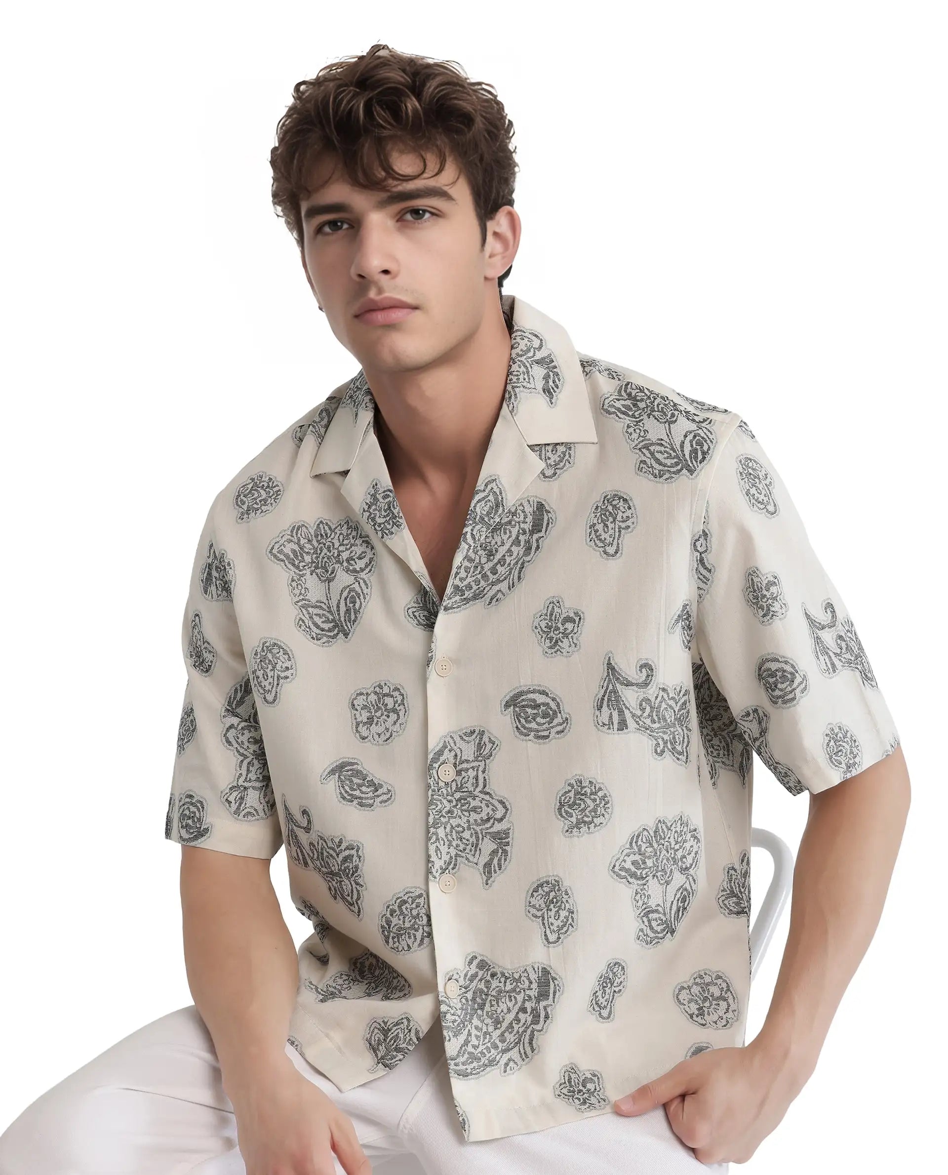 Rare Rabbit Men's Steve Black Cotton Blend Jacquard Boxy Fit Half Sleeve Cuban Collar Shirt