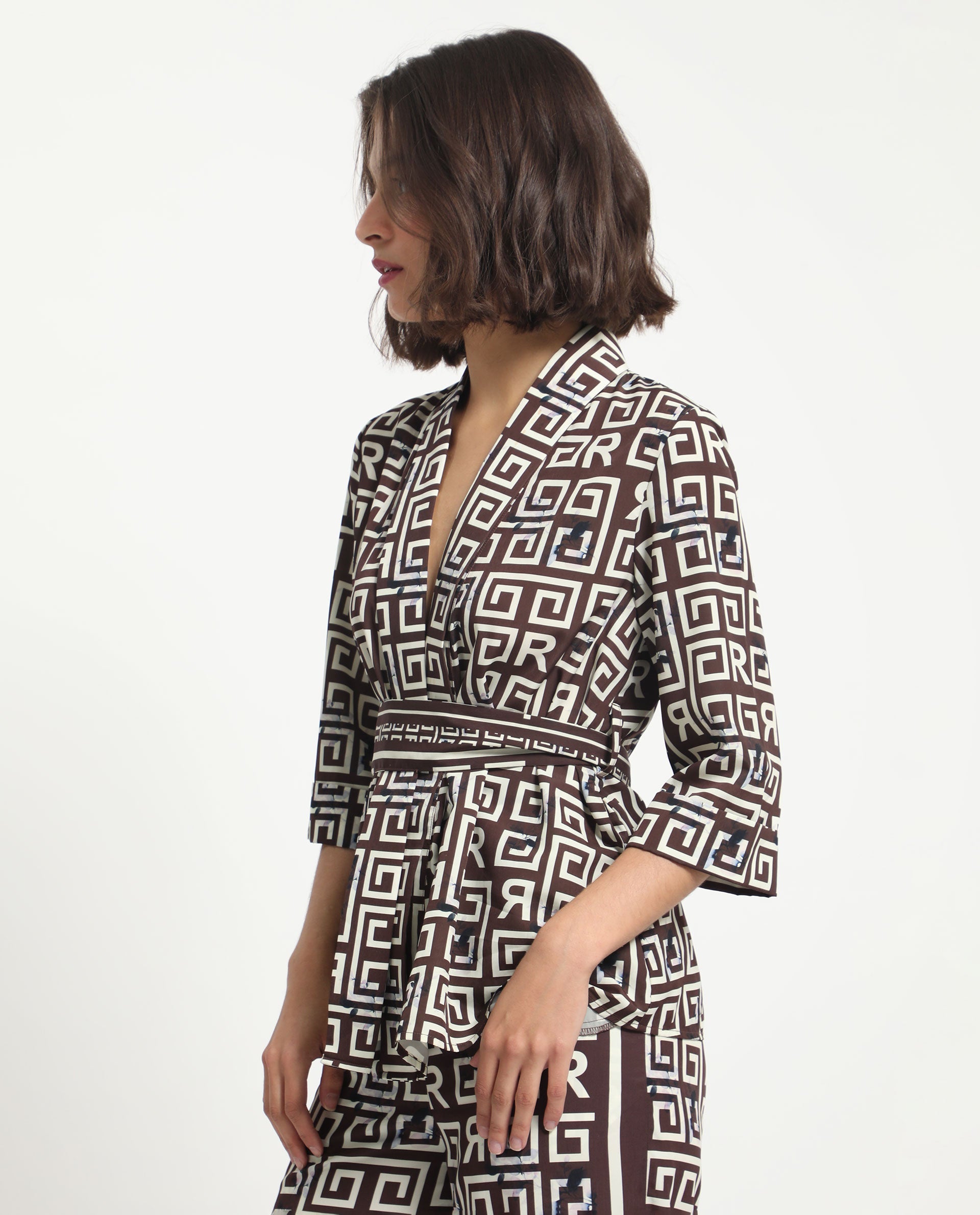 Rareism Women Stevenson Brown Polyester Fabric 3/4Th Sleeves Regular Fit Geometric Print Top