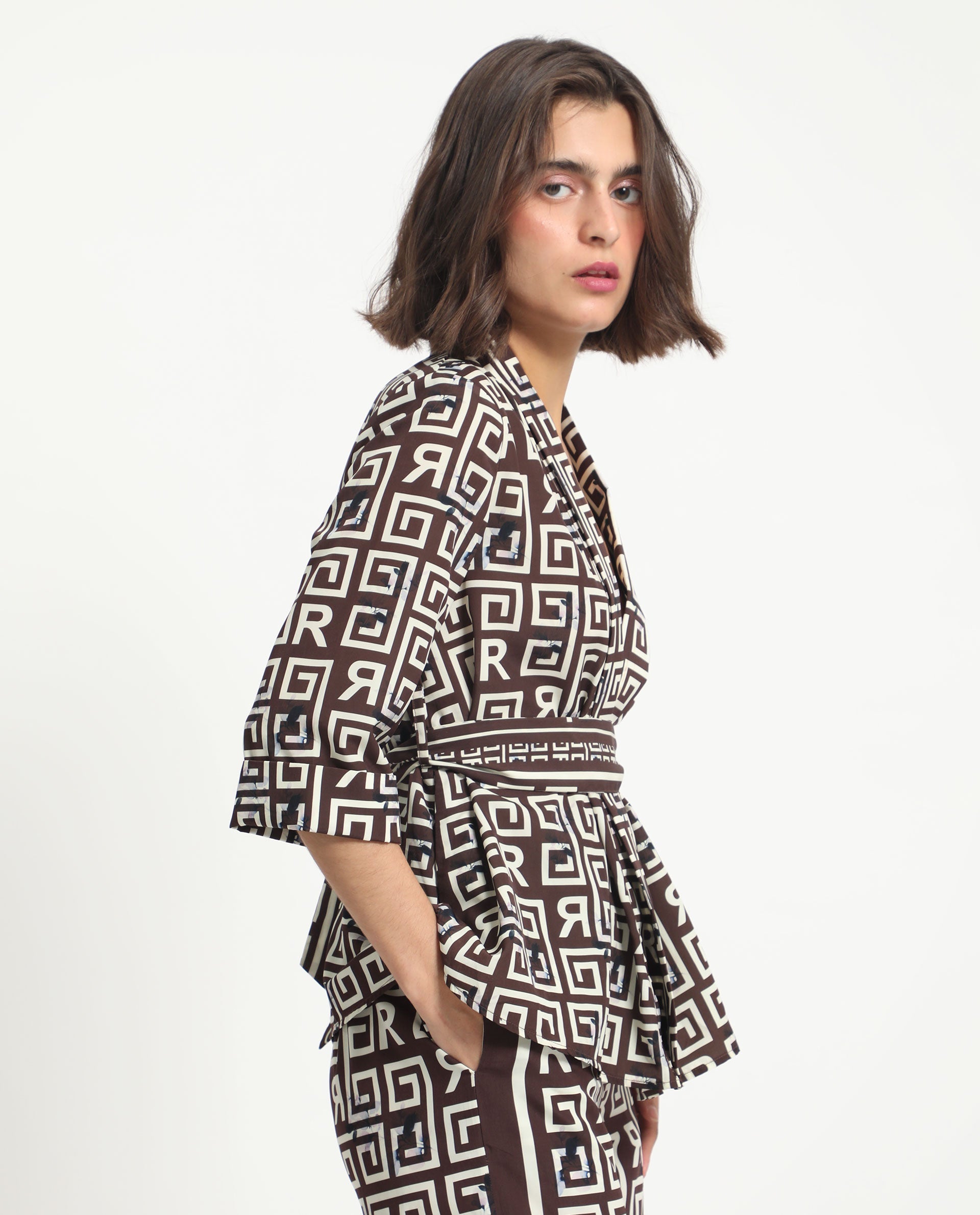 Rareism Women Stevenson Brown Polyester Fabric 3/4Th Sleeves Regular Fit Geometric Print Top