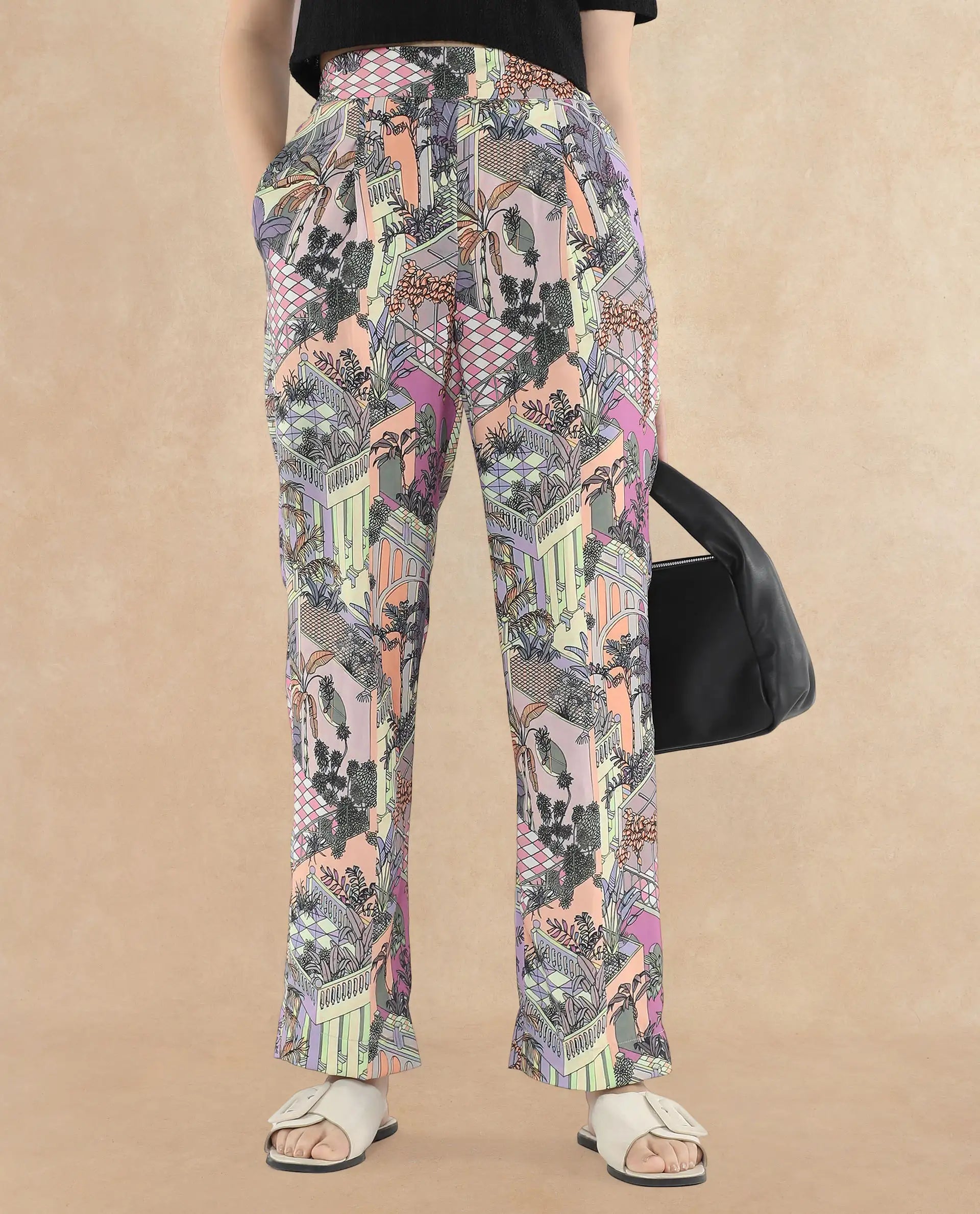 Rareism Women Stevie-B Light Multi Loop Straight Fit Abstract Print Ankle Length Trouser