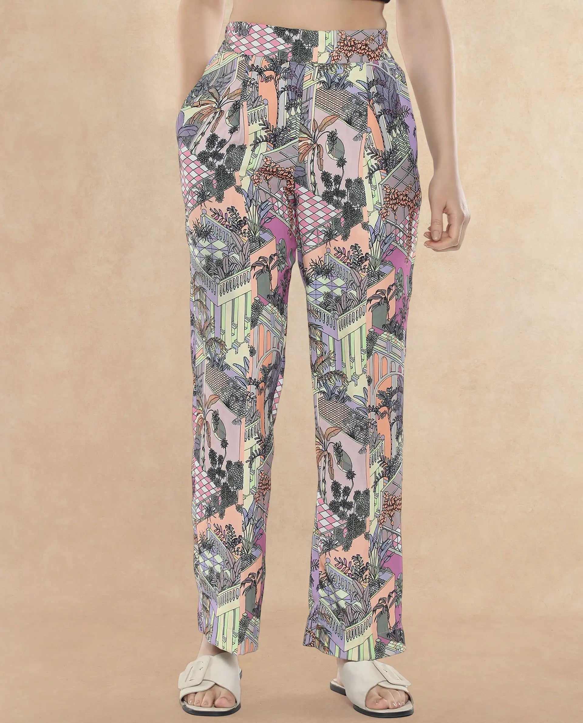 Rareism Women Stevie-B Light Multi Loop Straight Fit Abstract Print Ankle Length Trouser