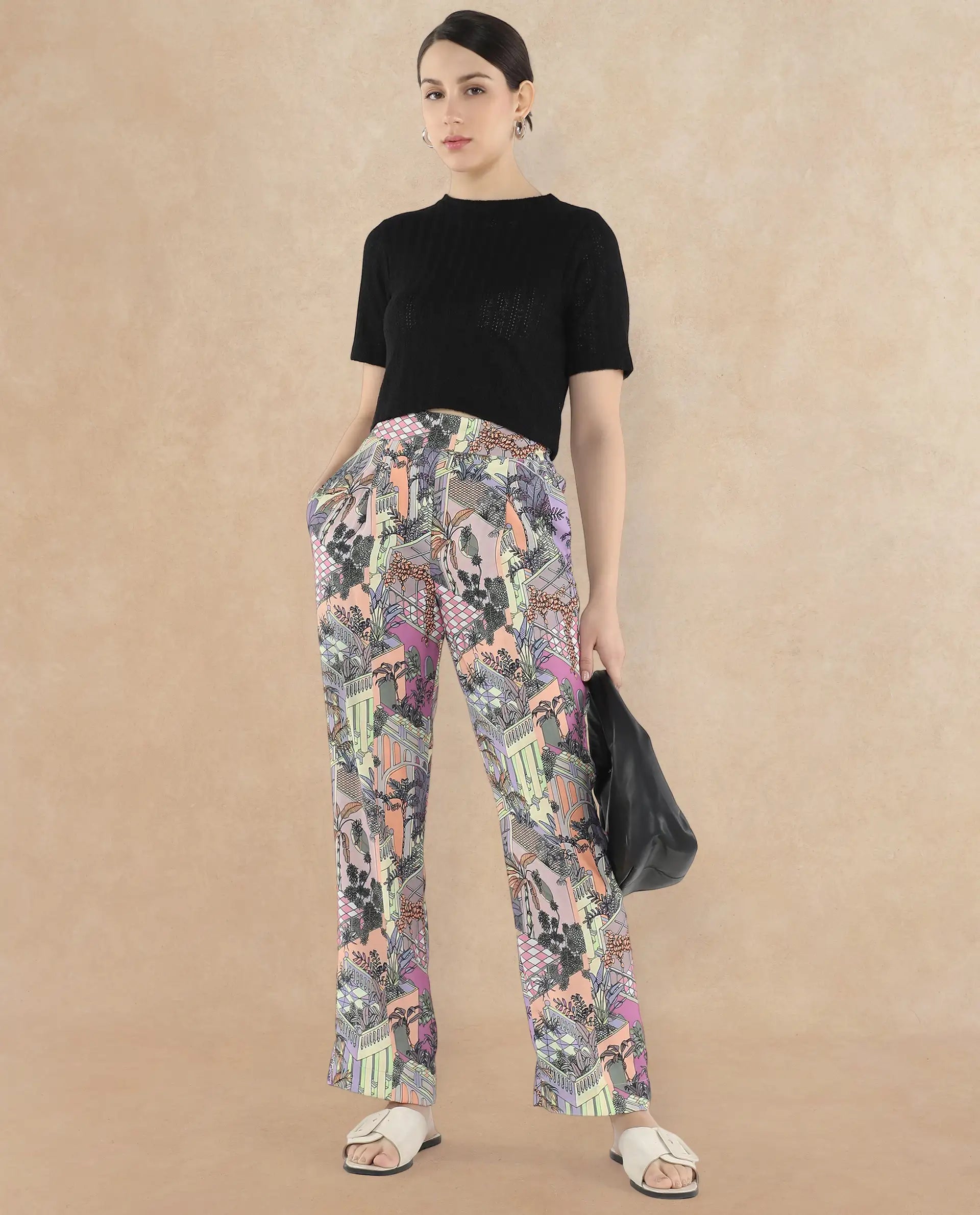 Rareism Women Stevie-B Light Multi Loop Straight Fit Abstract Print Ankle Length Trouser