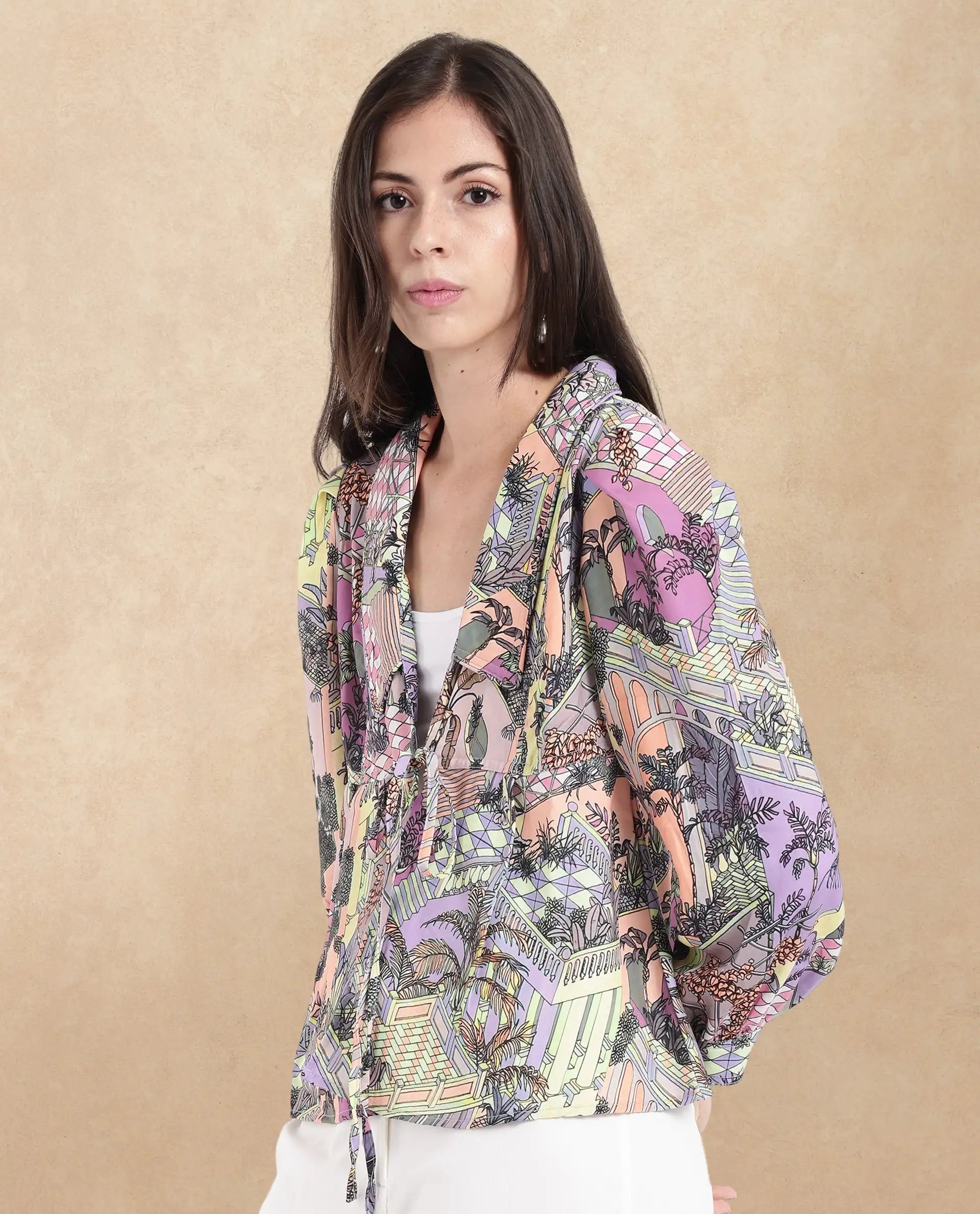 Rareism Women Stevie-T Light Multi Cuffed Sleeve Lapel Neck Loop Abstract Print Top