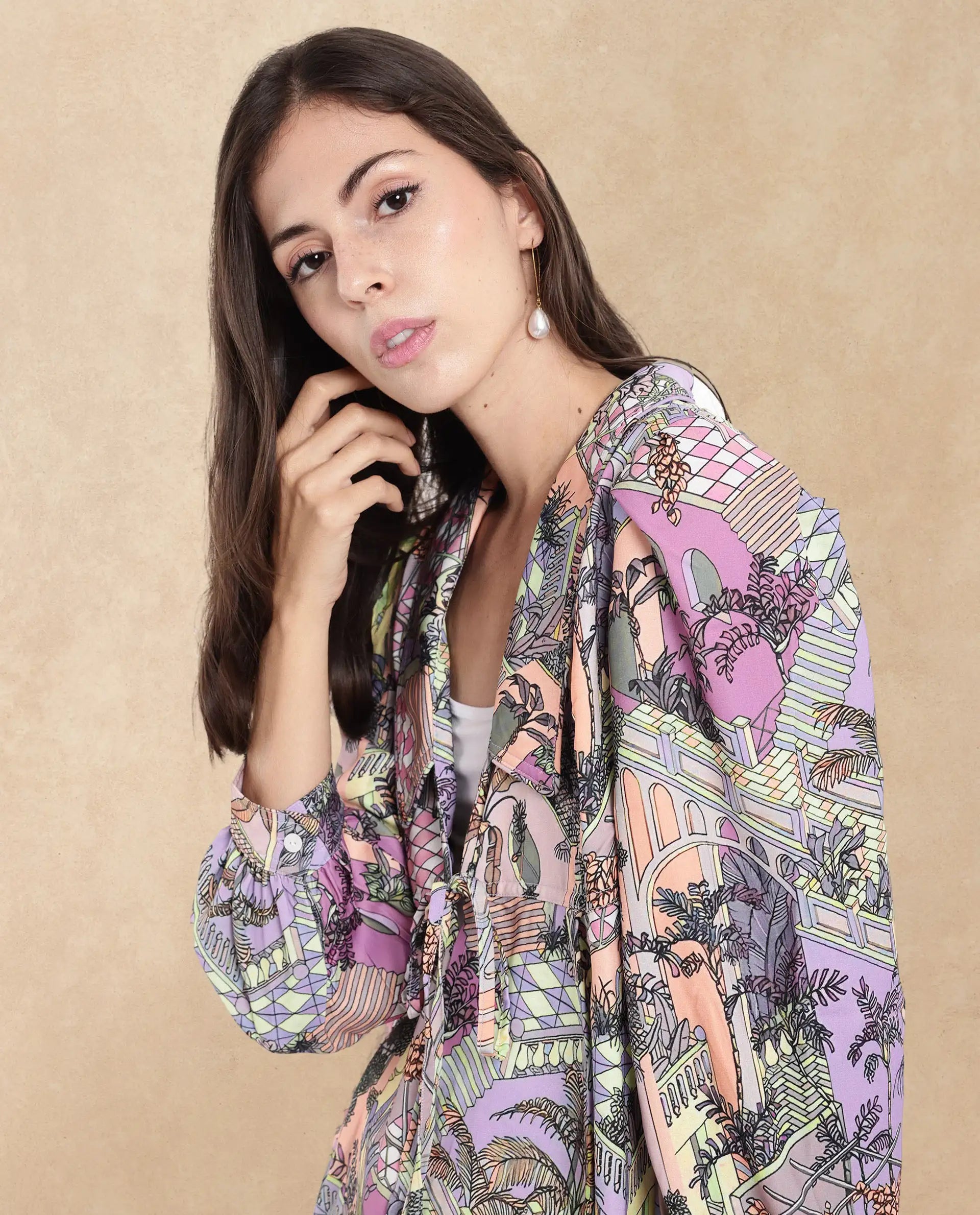 Rareism Women Stevie-T Light Multi Cuffed Sleeve Lapel Neck Loop Abstract Print Top