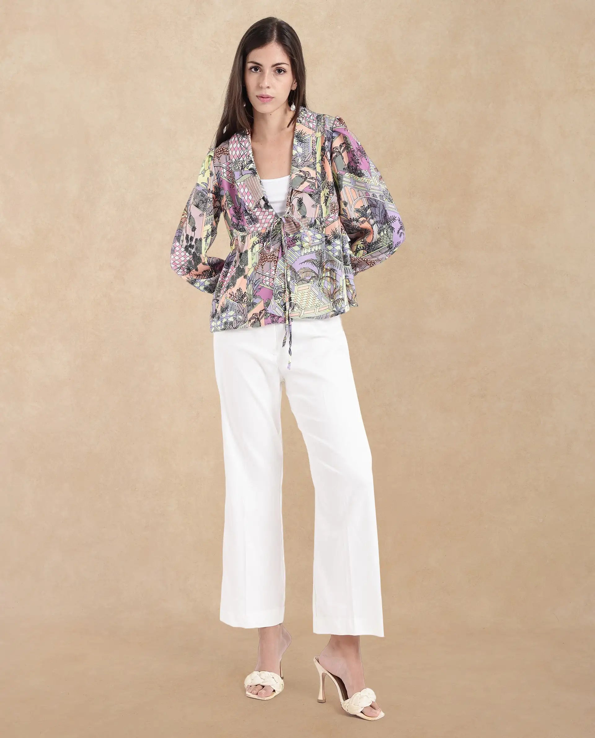 Rareism Women Stevie-T Light Multi Cuffed Sleeve Lapel Neck Loop Abstract Print Top