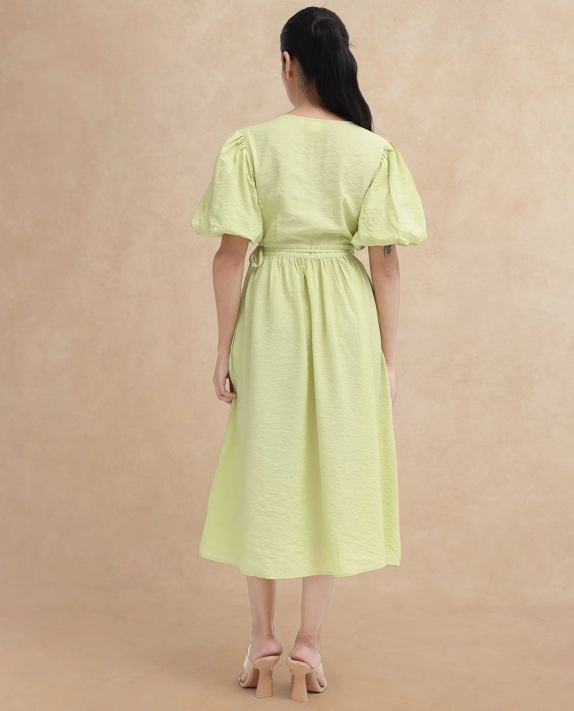 Rareism Women's Stewart Light Green Nylon Blend Overlap Neck Plain Balloon Sleeve Maxi Fit And Flare Dress