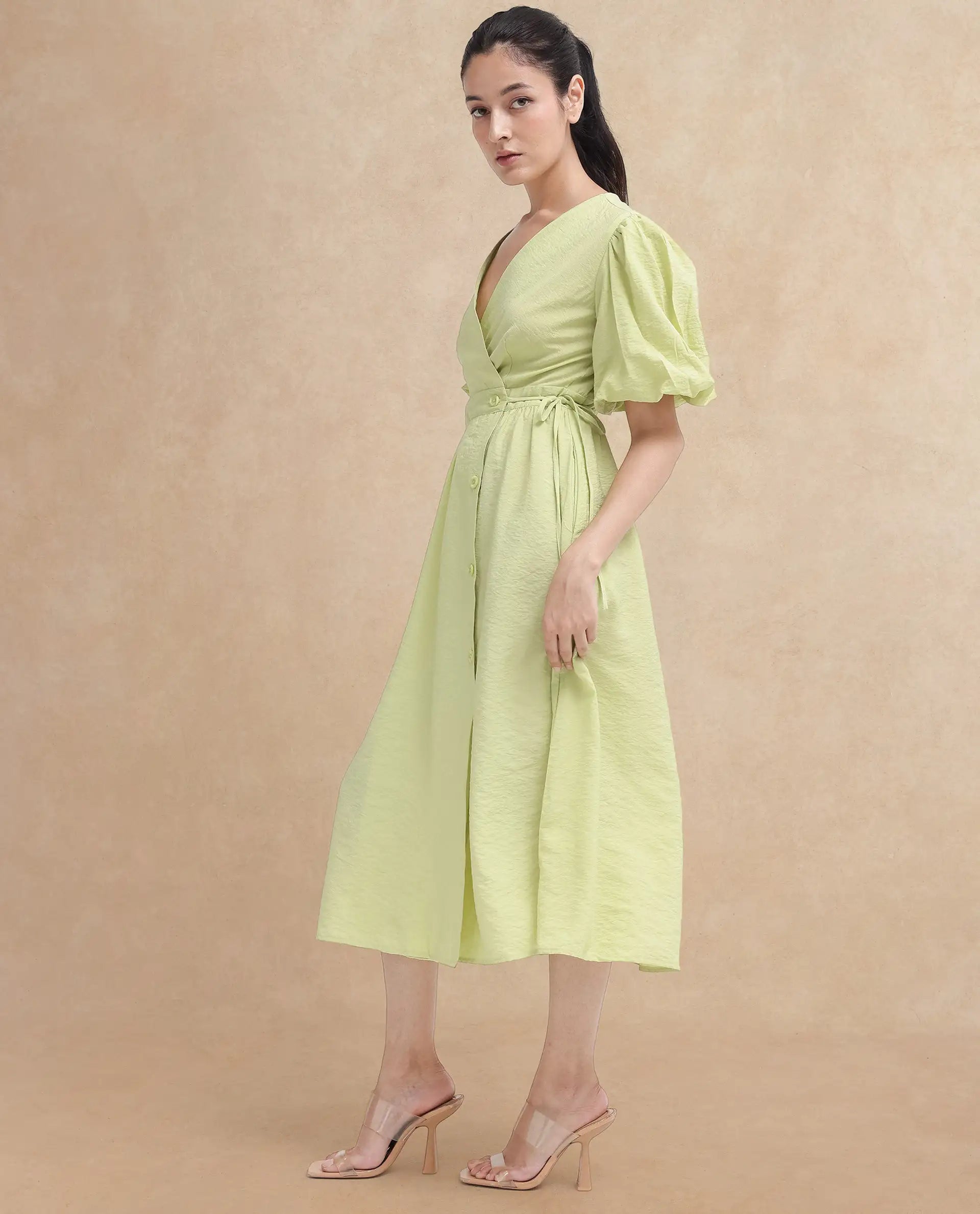 Rareism Women's Stewart Light Green Nylon Blend Overlap Neck Plain Balloon Sleeve Maxi Fit And Flare Dress