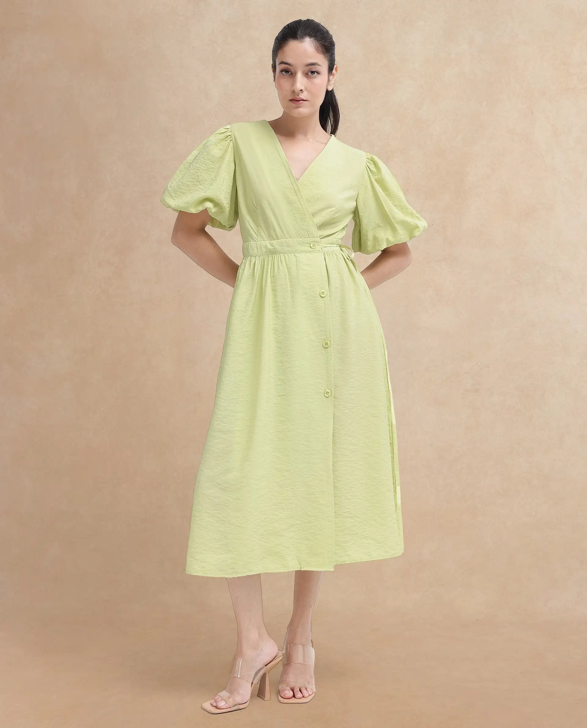 Rareism Women's Stewart Light Green Nylon Blend Overlap Neck Plain Balloon Sleeve Maxi Fit And Flare Dress