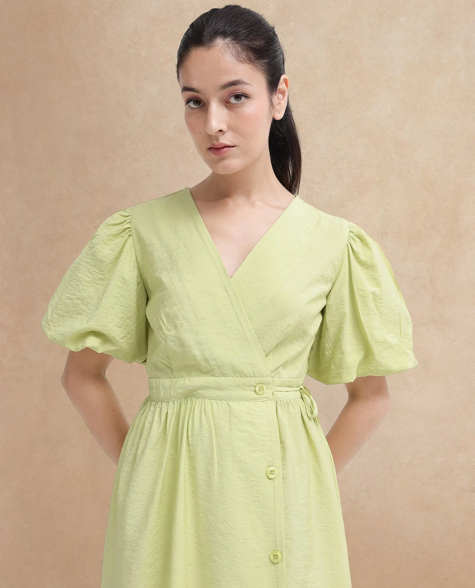 Rareism Women's Stewart Light Green Nylon Blend Overlap Neck Plain Balloon Sleeve Maxi Fit And Flare Dress