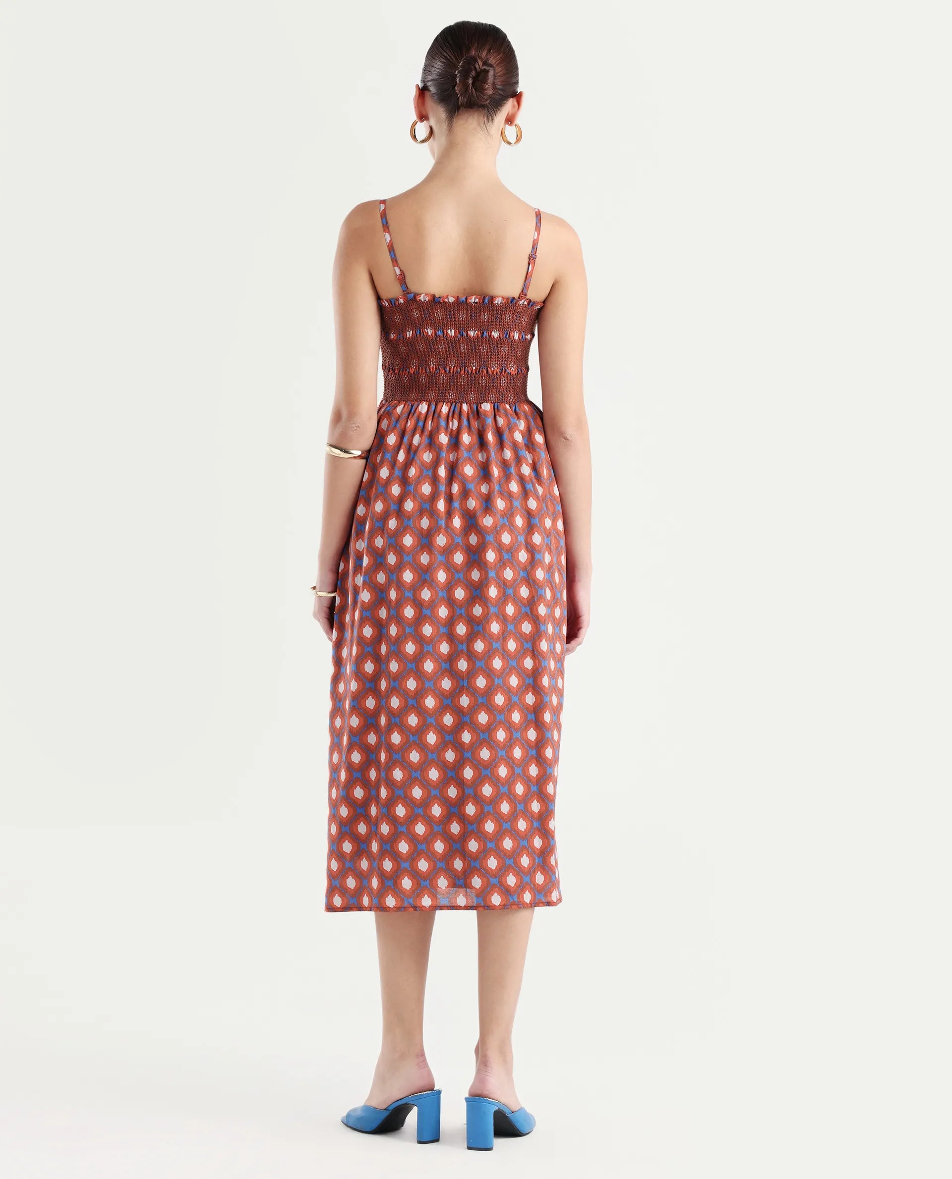 Rareism Women's Stewart Multi Cotton Shoulder Strap Geometric Print Shoulder Strap Midi Fit And Flare Dress