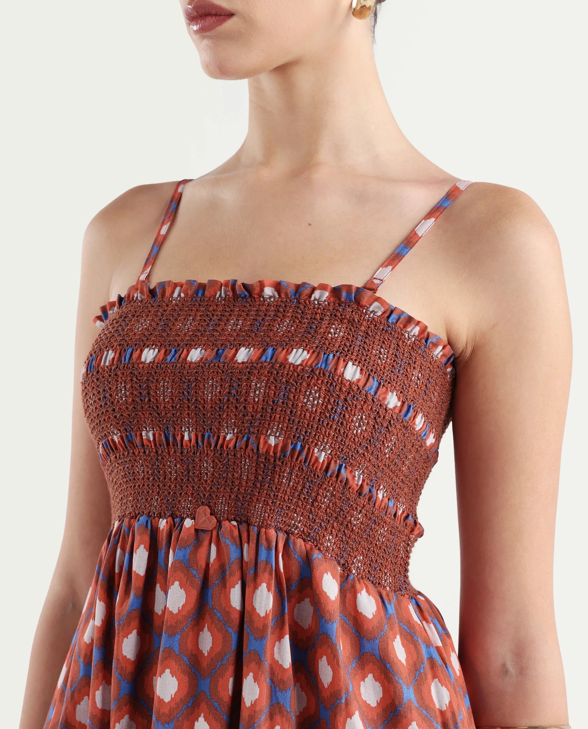 Rareism Women's Stewart Multi Cotton Shoulder Strap Geometric Print Shoulder Strap Midi Fit And Flare Dress