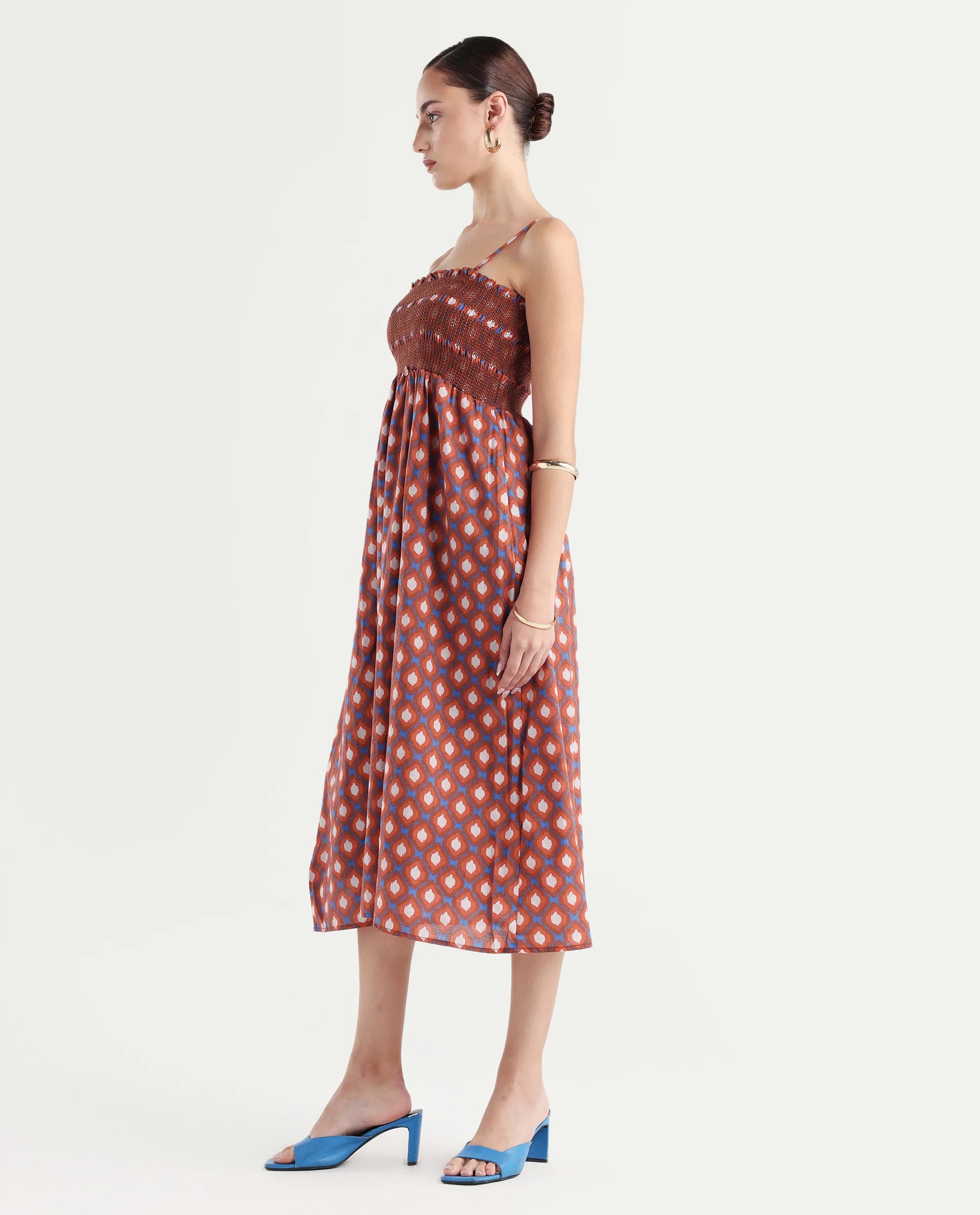 Rareism Women's Stewart Multi Cotton Shoulder Strap Geometric Print Shoulder Strap Midi Fit And Flare Dress