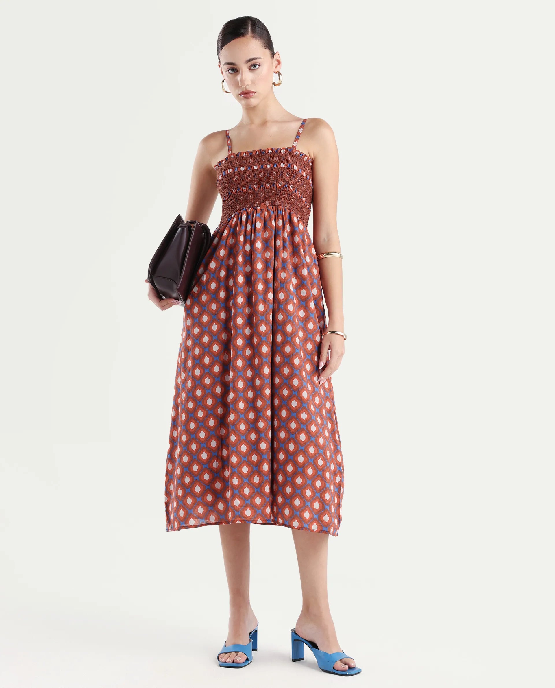 Rareism Women's Stewart Multi Cotton Shoulder Strap Geometric Print Shoulder Strap Midi Fit And Flare Dress