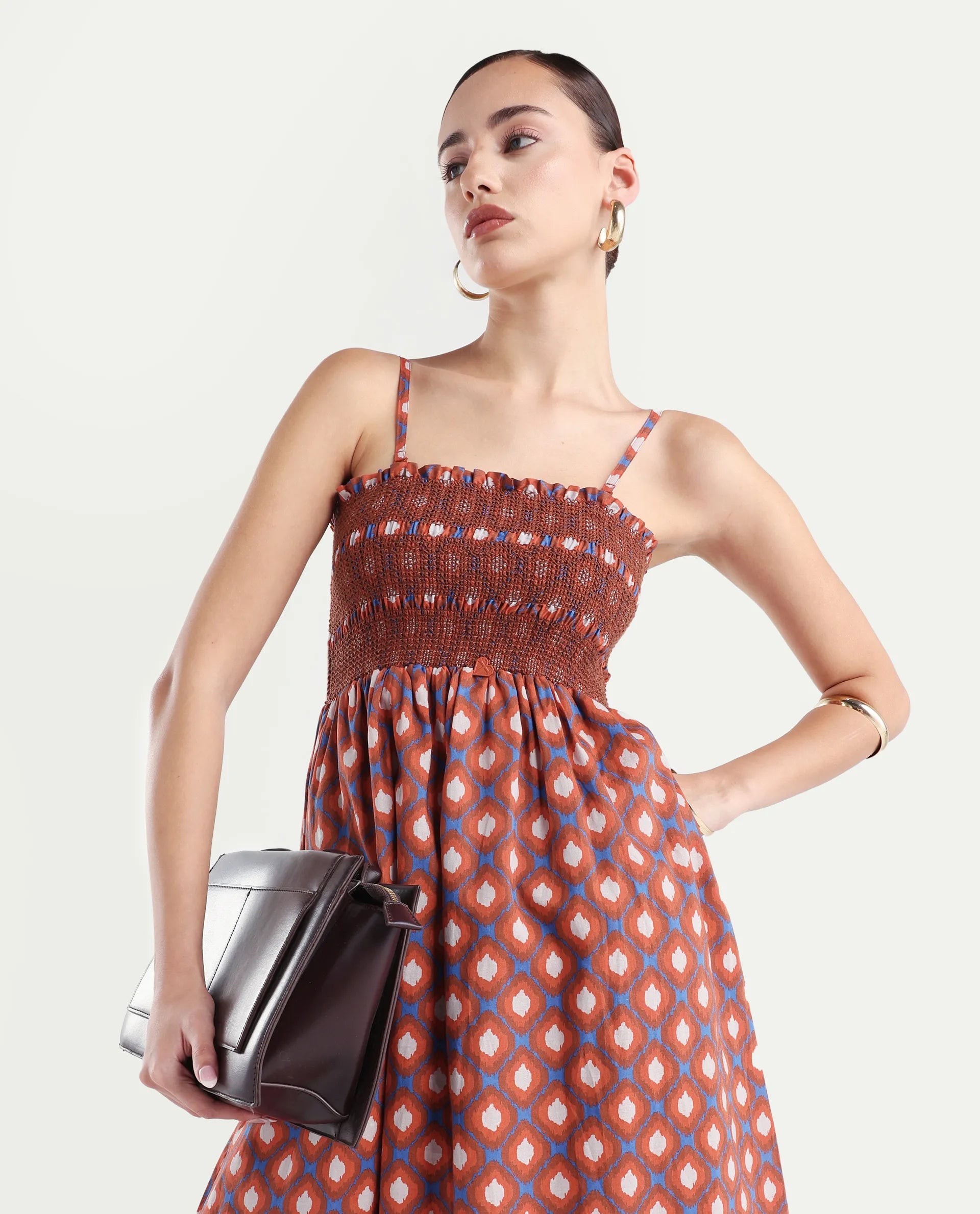 Rareism Women's Stewart Multi Cotton Shoulder Strap Geometric Print Shoulder Strap Midi Fit And Flare Dress