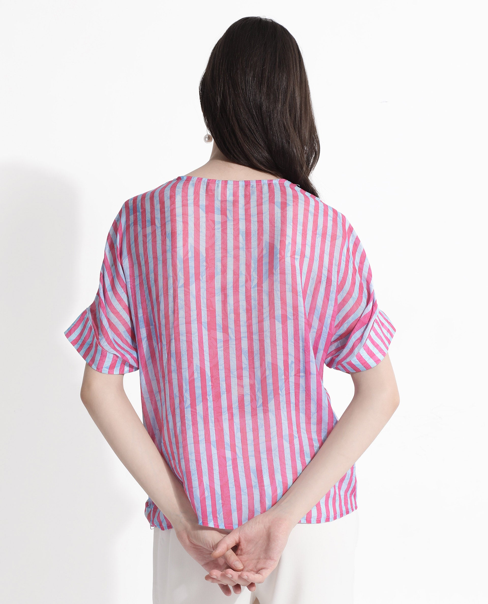 Rareism Women's Stigner Pink Cotton V-Neck Striped Extended Sleeves Regular Fit Top