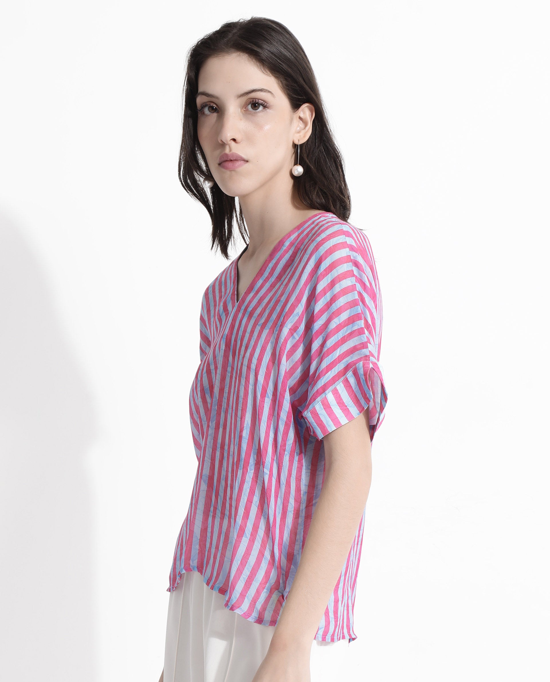 Rareism Women's Stigner Pink Cotton V-Neck Striped Extended Sleeves Regular Fit Top