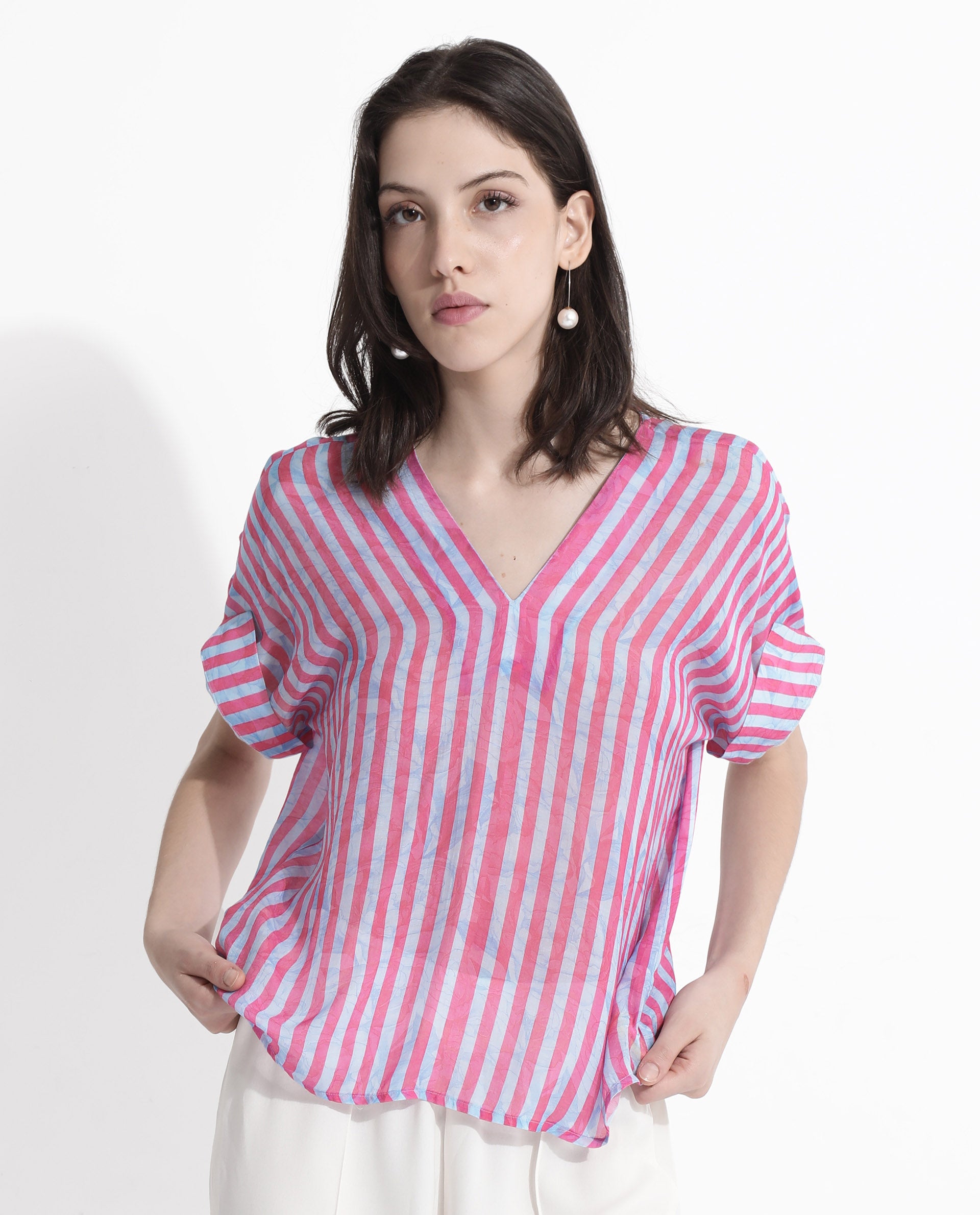 Rareism Women's Stigner Pink Cotton V-Neck Striped Extended Sleeves Regular Fit Top
