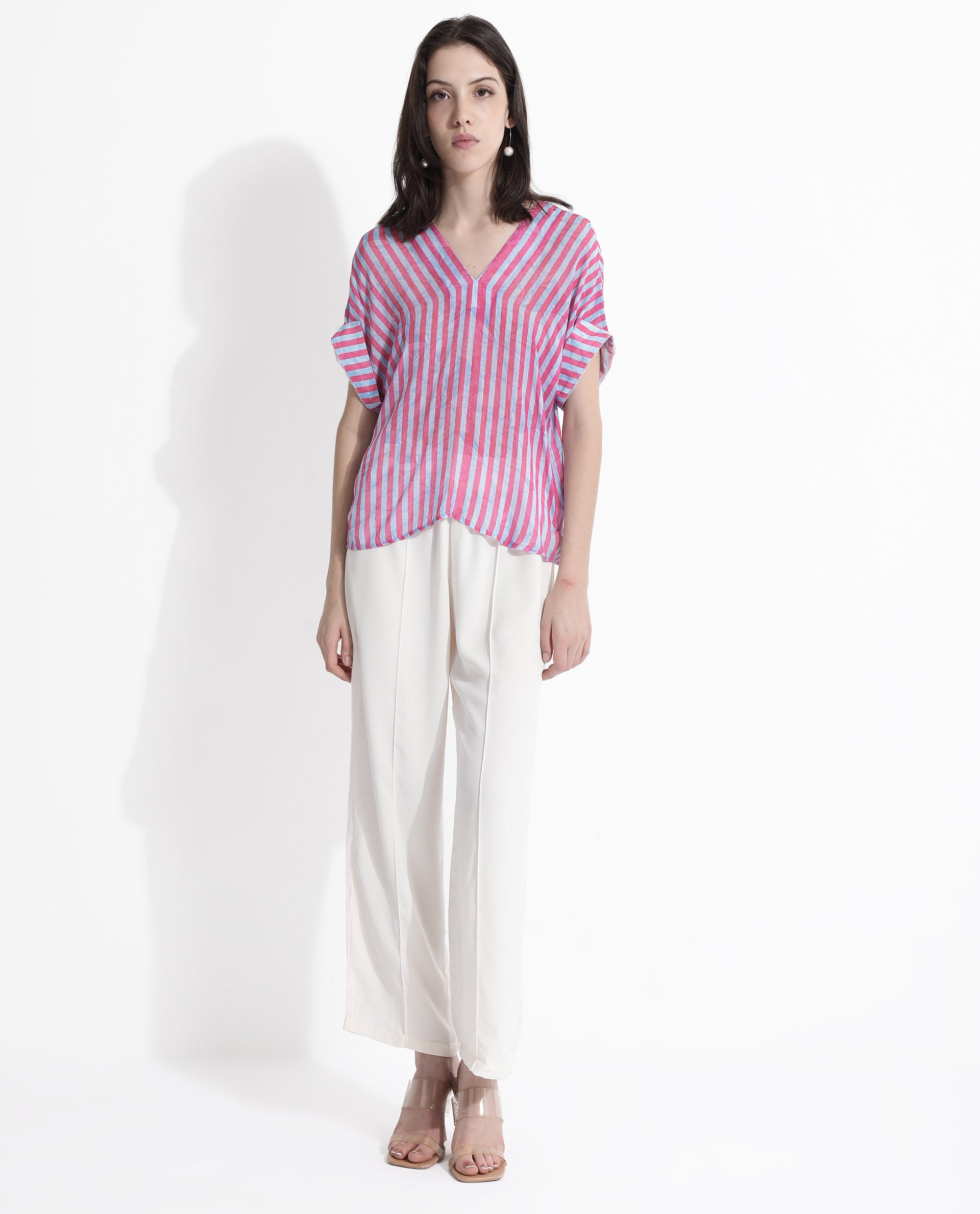 Rareism Women's Stigner Pink Cotton V-Neck Striped Extended Sleeves Regular Fit Top