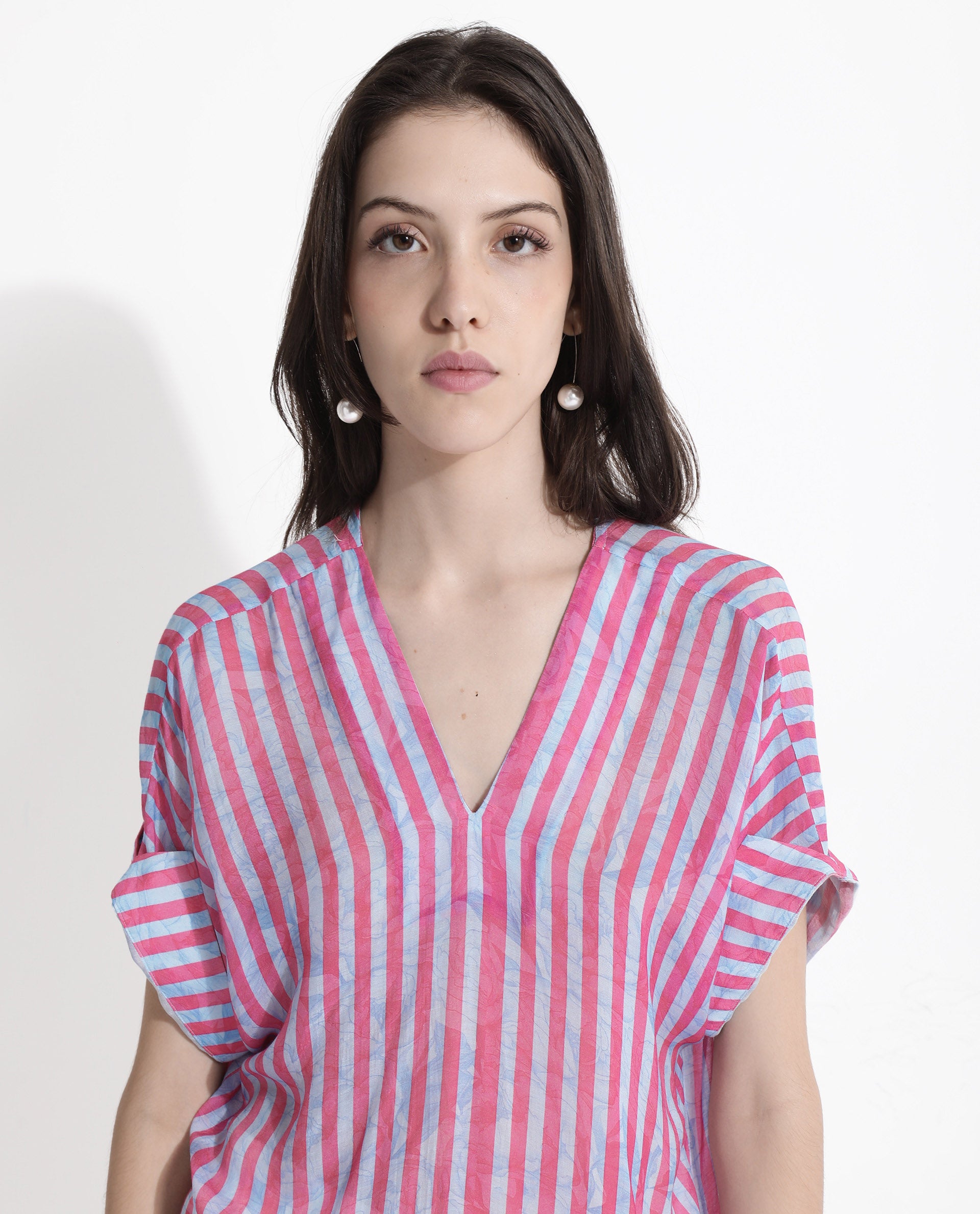 Rareism Women's Stigner Pink Cotton V-Neck Striped Extended Sleeves Regular Fit Top