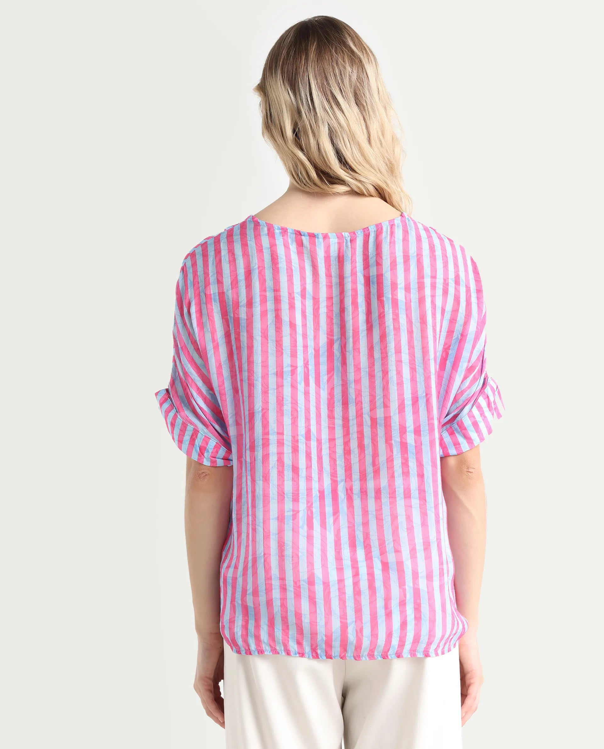 Rareism Women's Stigner Pink Cotton V-Neck Striped Extended Sleeves Regular Fit Top