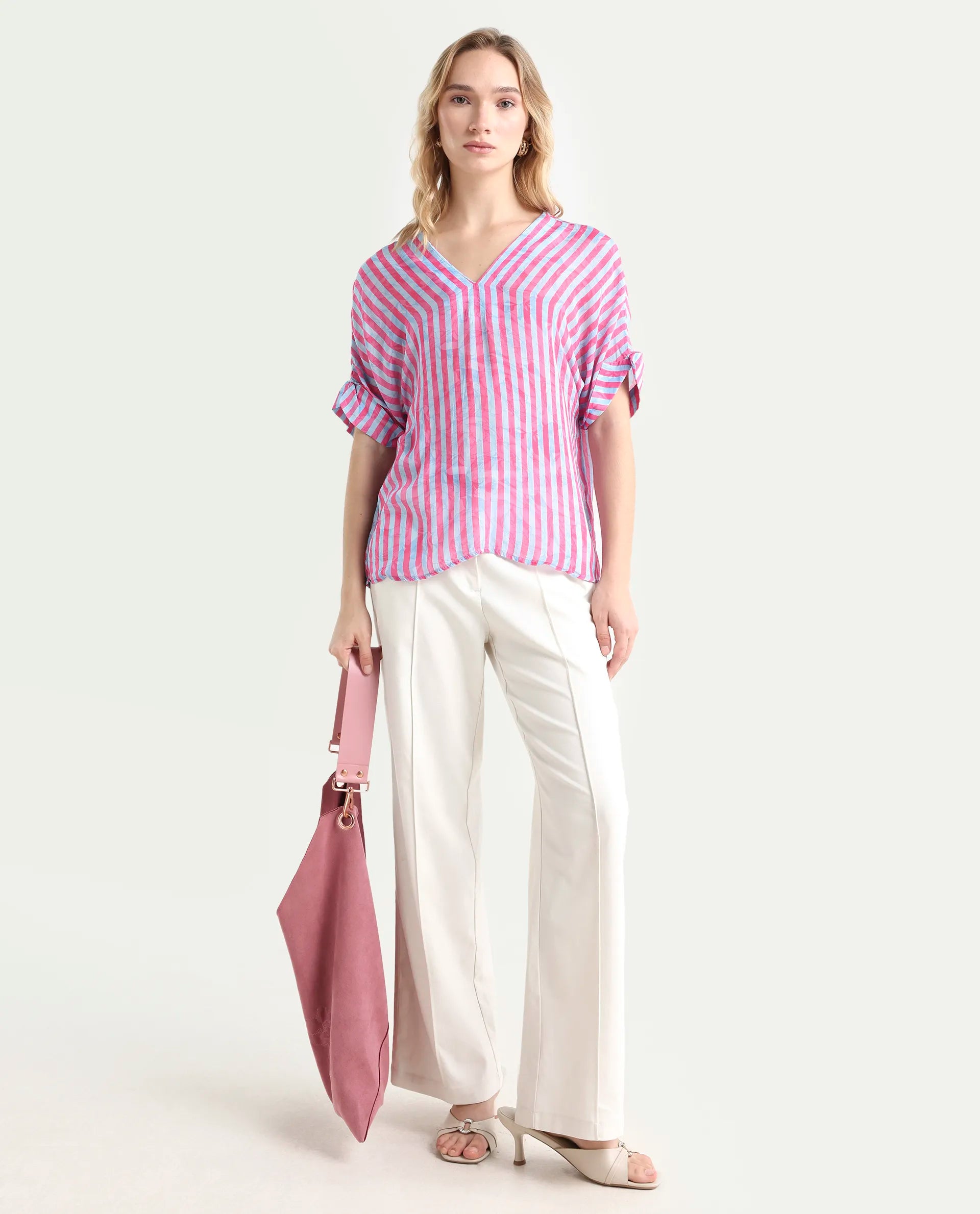 Rareism Women's Stigner Pink Cotton V-Neck Striped Extended Sleeves Regular Fit Top