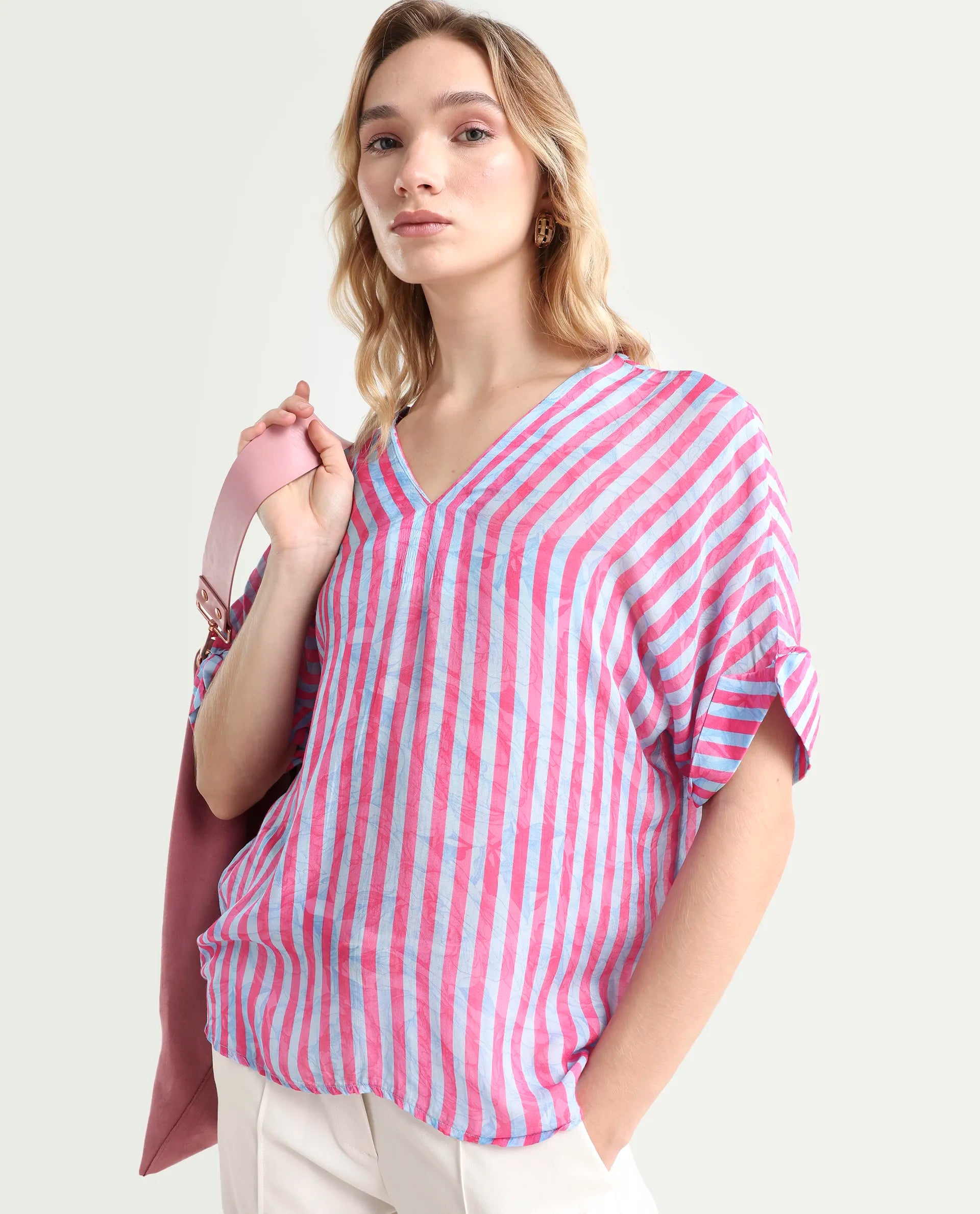 Rareism Women's Stigner Pink Cotton V-Neck Striped Extended Sleeves Regular Fit Top
