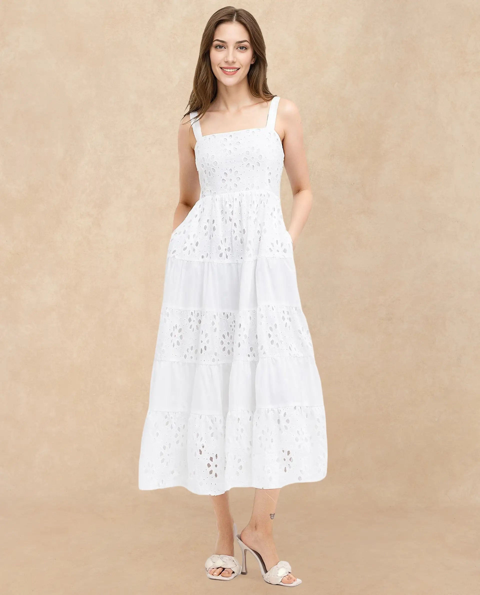 Rareism Women Stiletus White Cotton Fabric Noodle Strap Solid Longline Dress